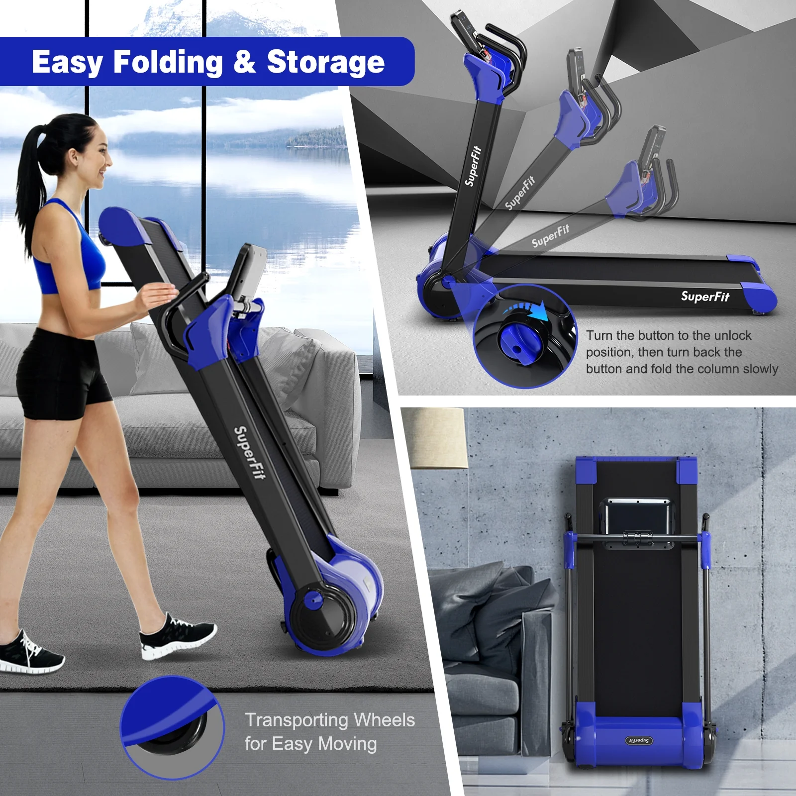 2.25 HP Folding Treadmill With LED Display, APP Control, Navy - Image 10