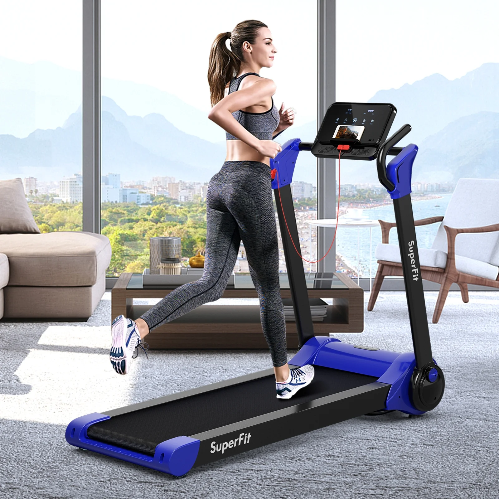 2.25 HP Folding Treadmill With LED Display, APP Control, Navy - Image 2
