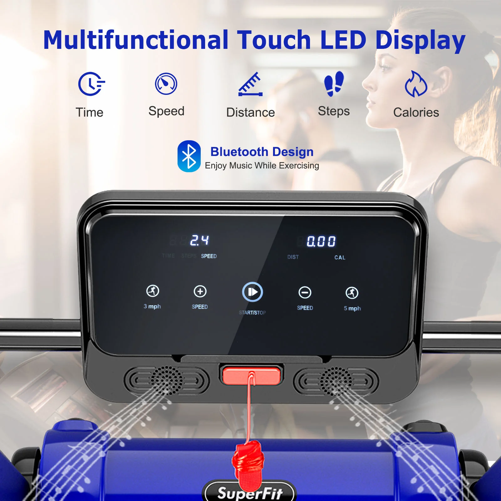 2.25 HP Folding Treadmill With LED Display, APP Control, Navy - Image 3