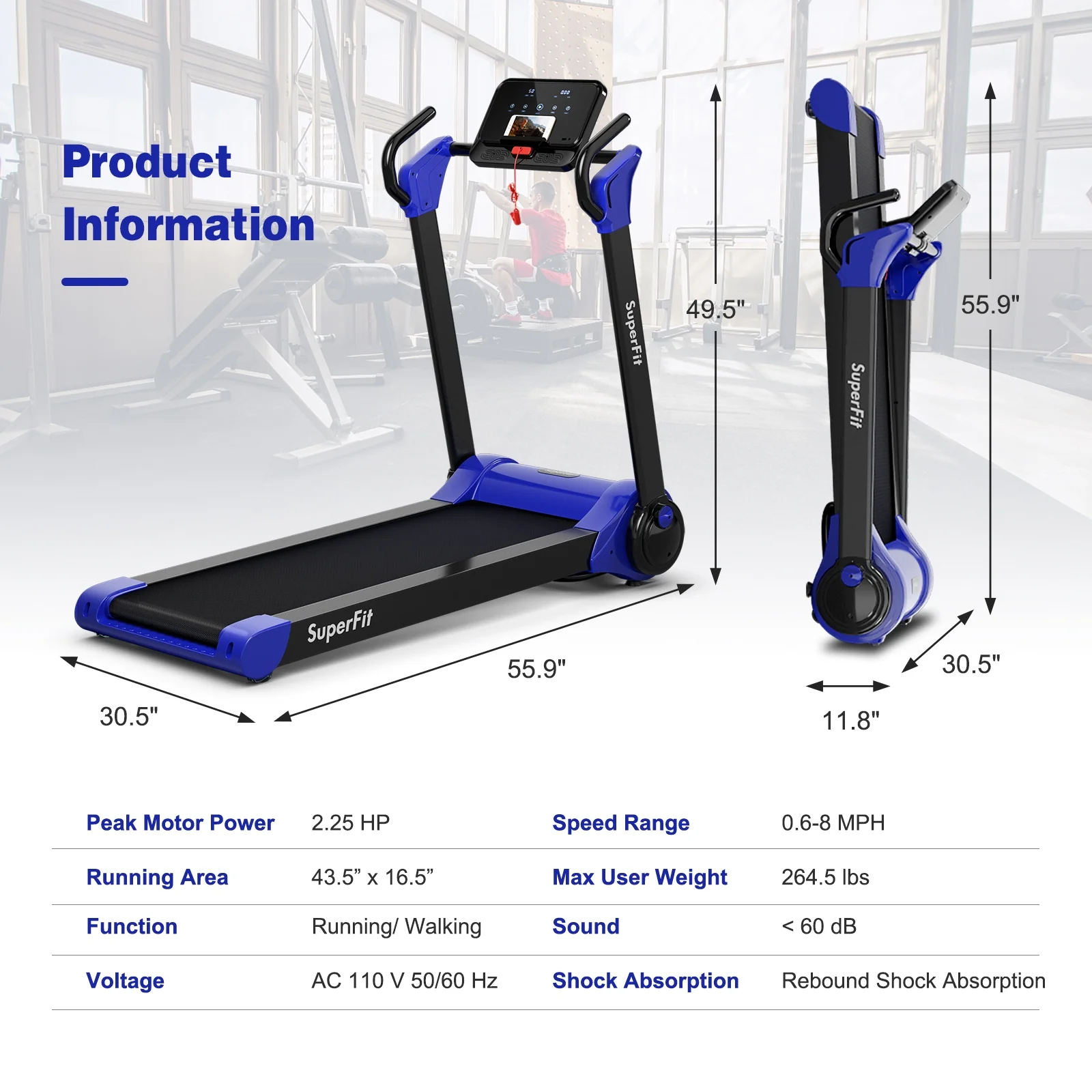 2.25 HP Folding Treadmill With LED Display, APP Control, Navy - Image 5