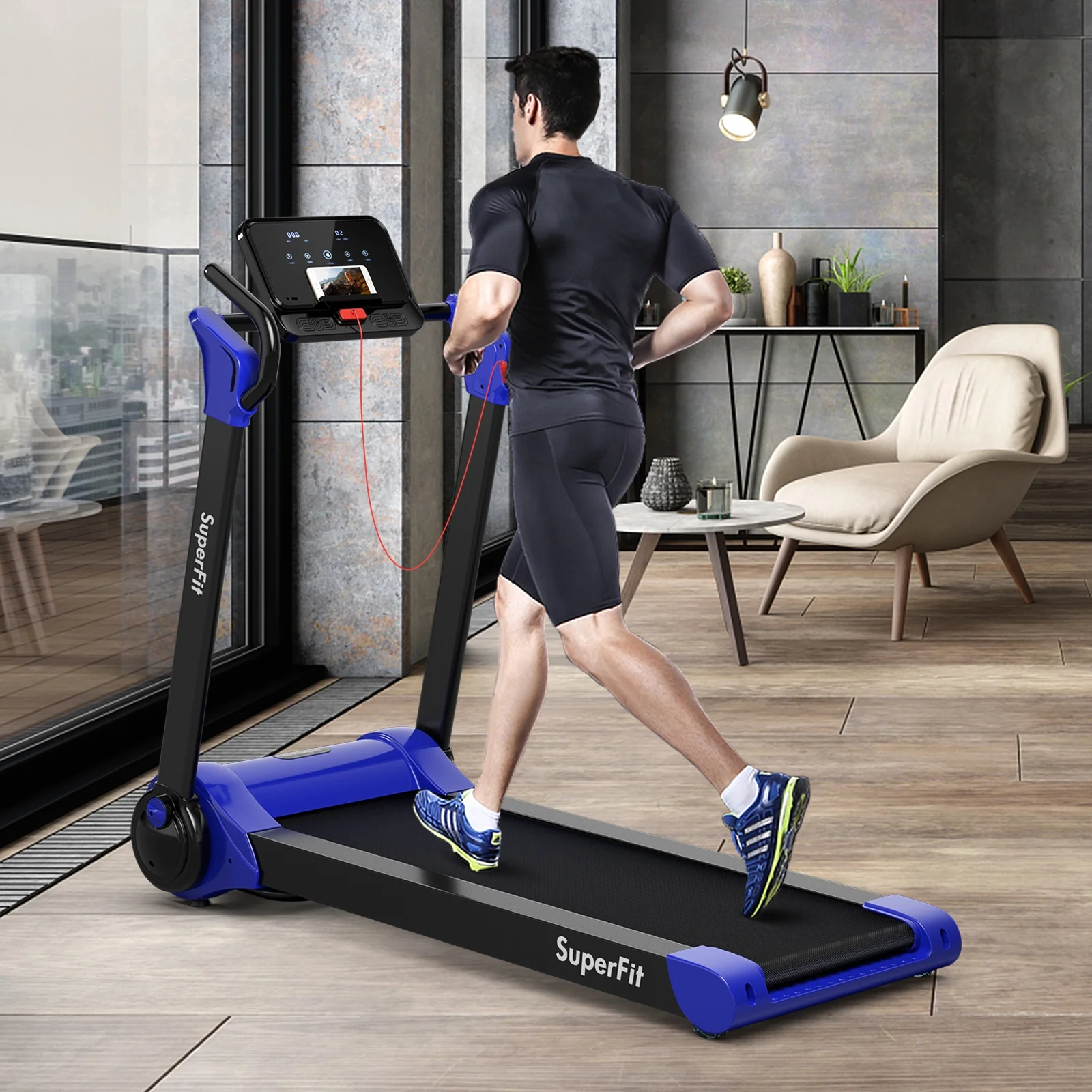 2.25 HP Folding Treadmill With LED Display, APP Control, Navy - Image 7