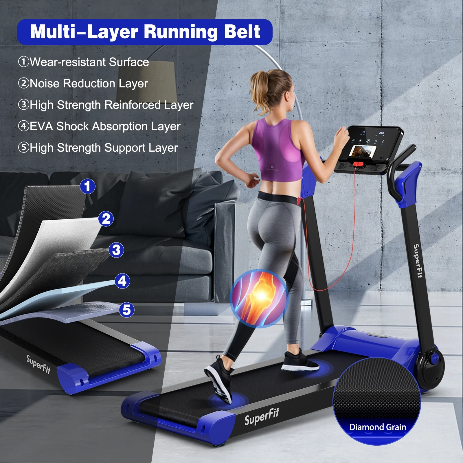 2.25 HP Folding Treadmill With LED Display, APP Control, Navy - Image 8