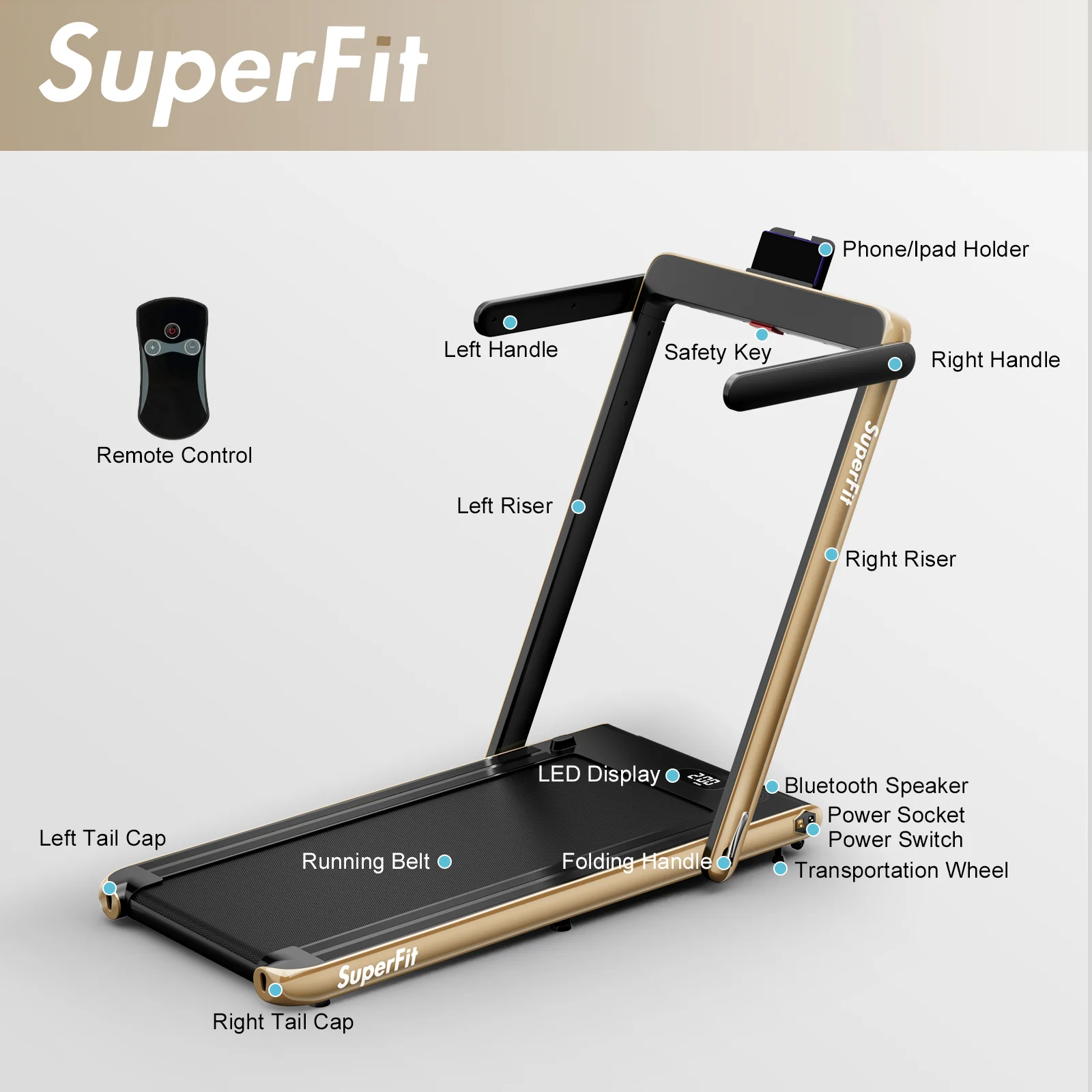 2.25HP 2 In 1 Folding Treadmill, With App Speaker Remote Control, Yellow - Image 5