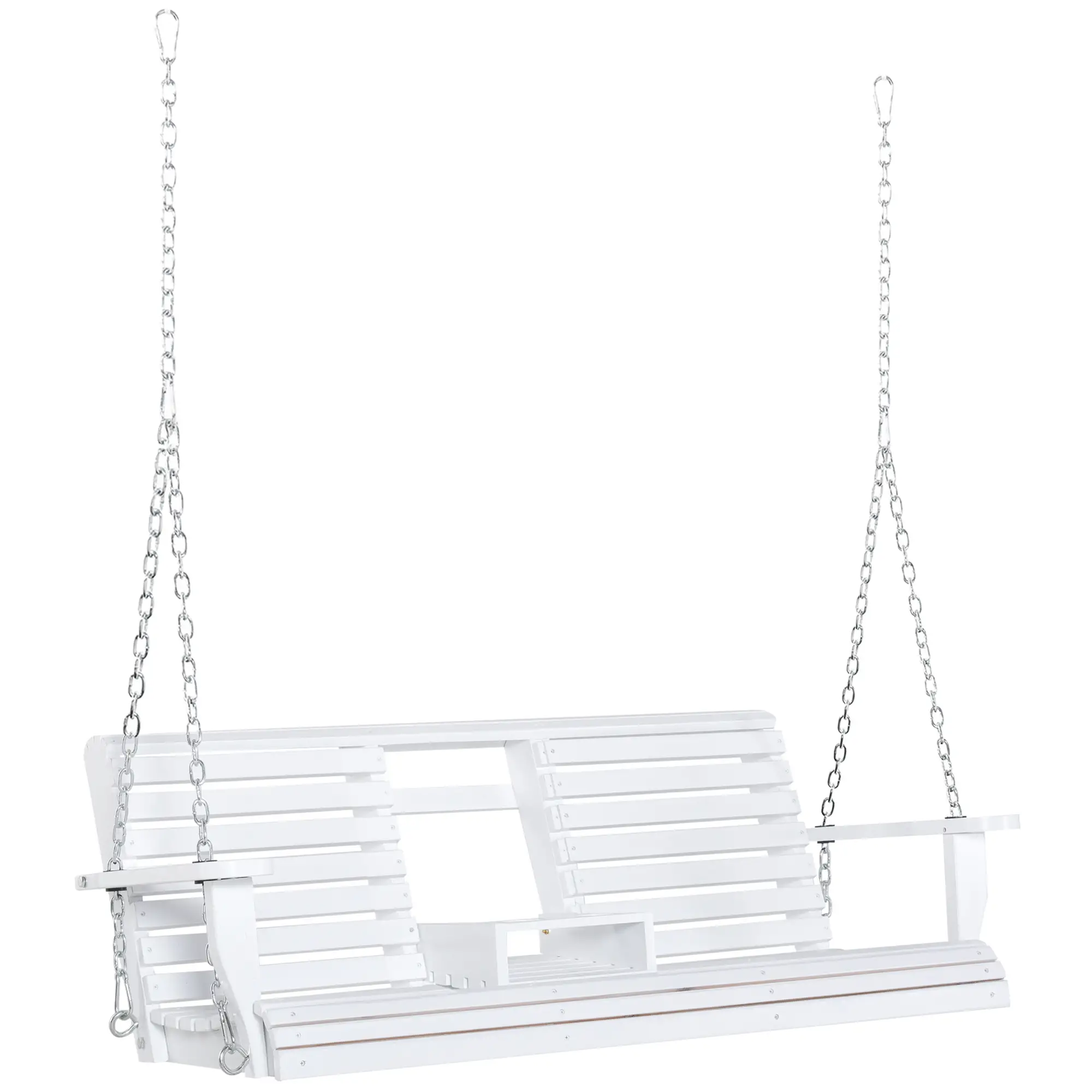 2-3 Seater Porch Swing, Wood Patio Chair with Table, Cup Holders, White - Image 11