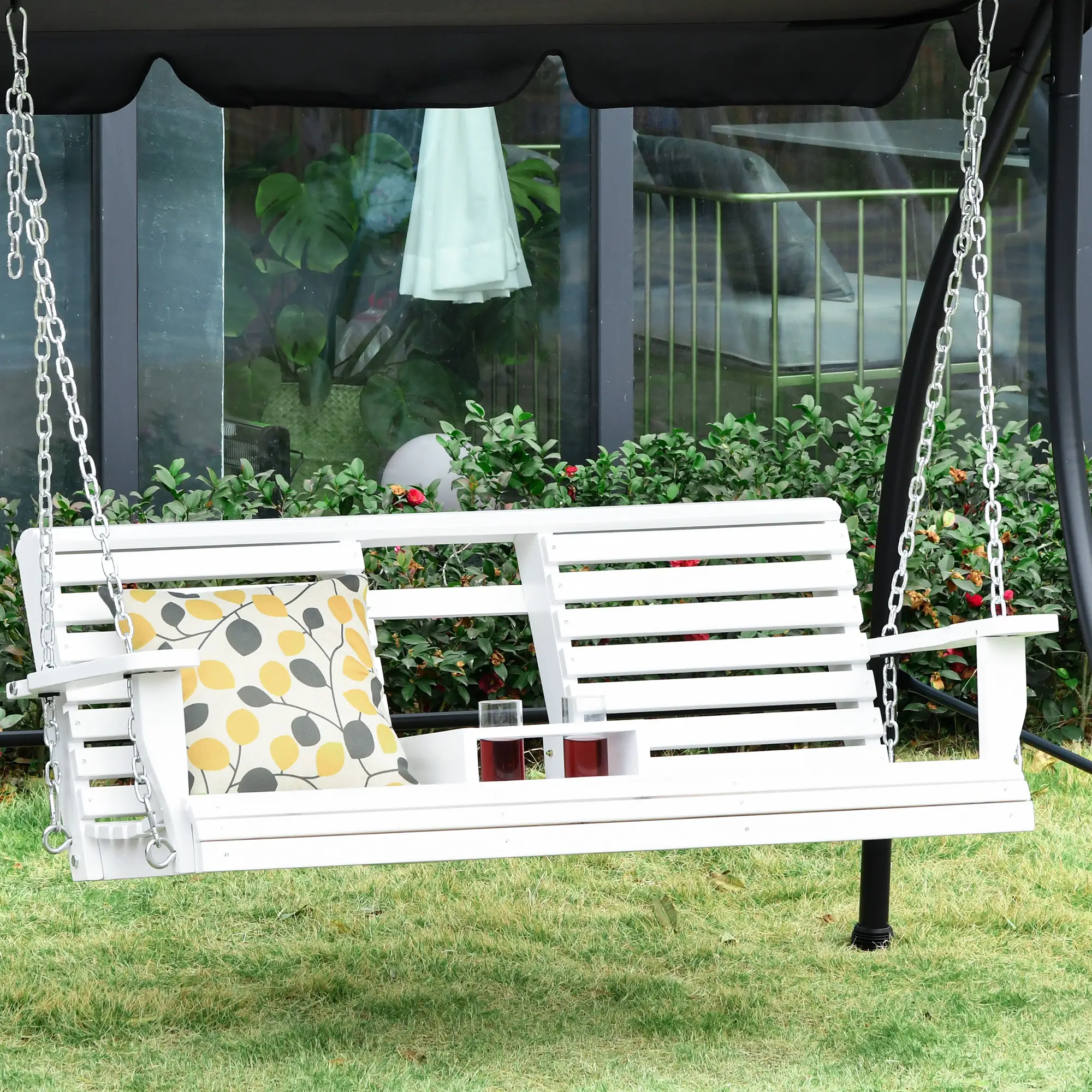 2-3 Seater Porch Swing, Wood Patio Chair with Table, Cup Holders, White - Image 2