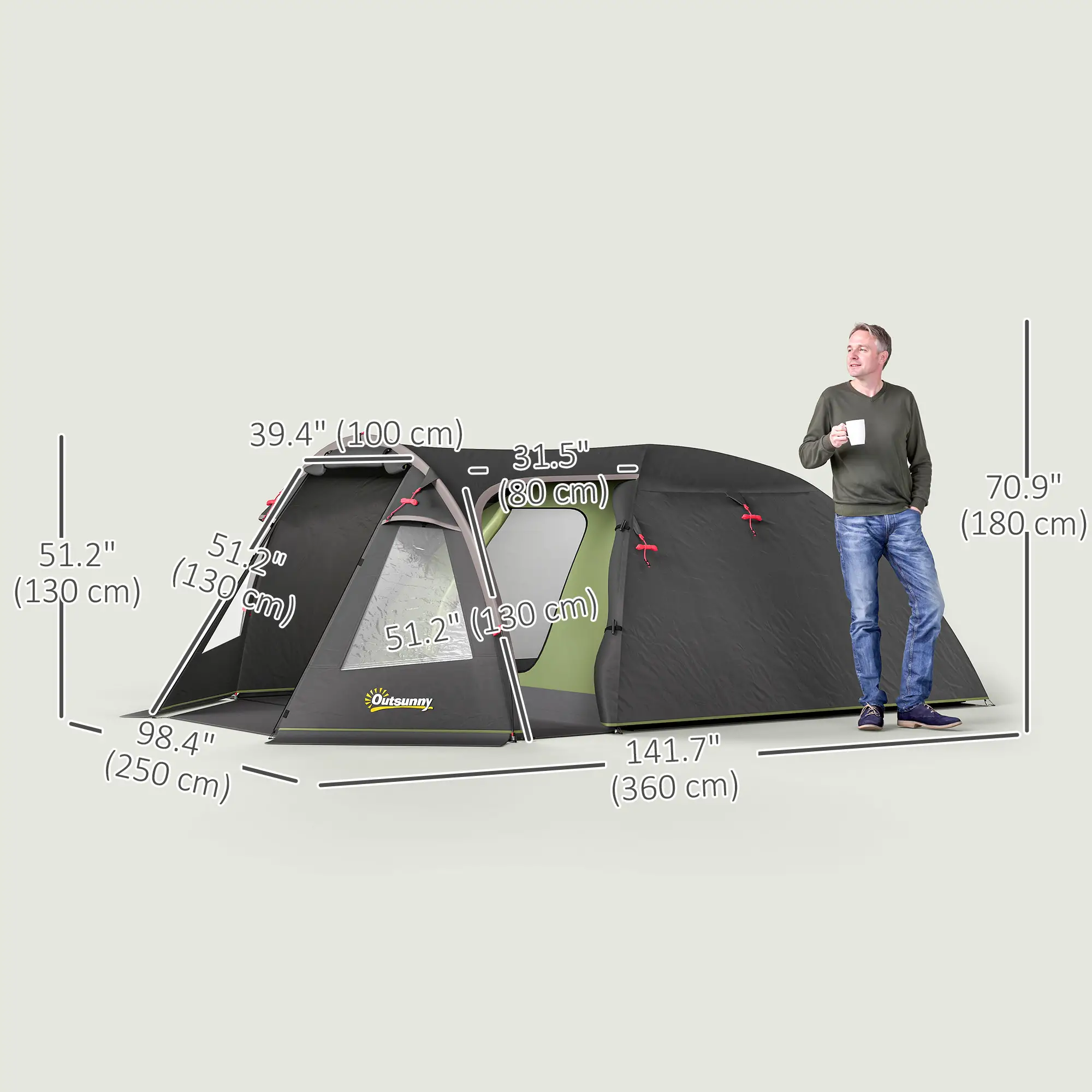2-4 Man Camping Tent, 3000mm Waterproof, 2 Rooms, Sewn-in Groundsheet, 3 Doors - Image 3
