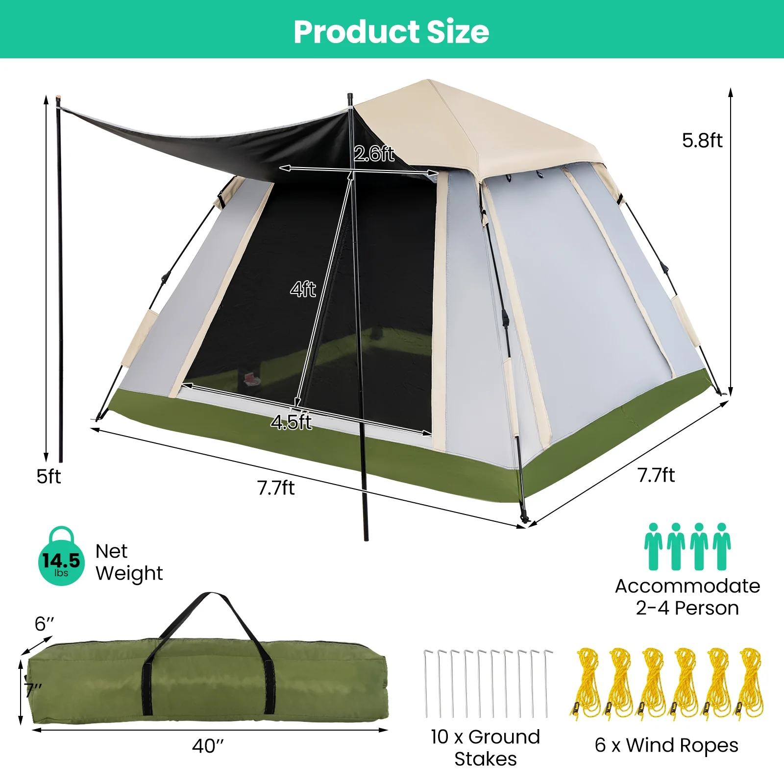 2-4 Person Pop-Up Camping Tent, Removable Rainfly, Beige - Image 6