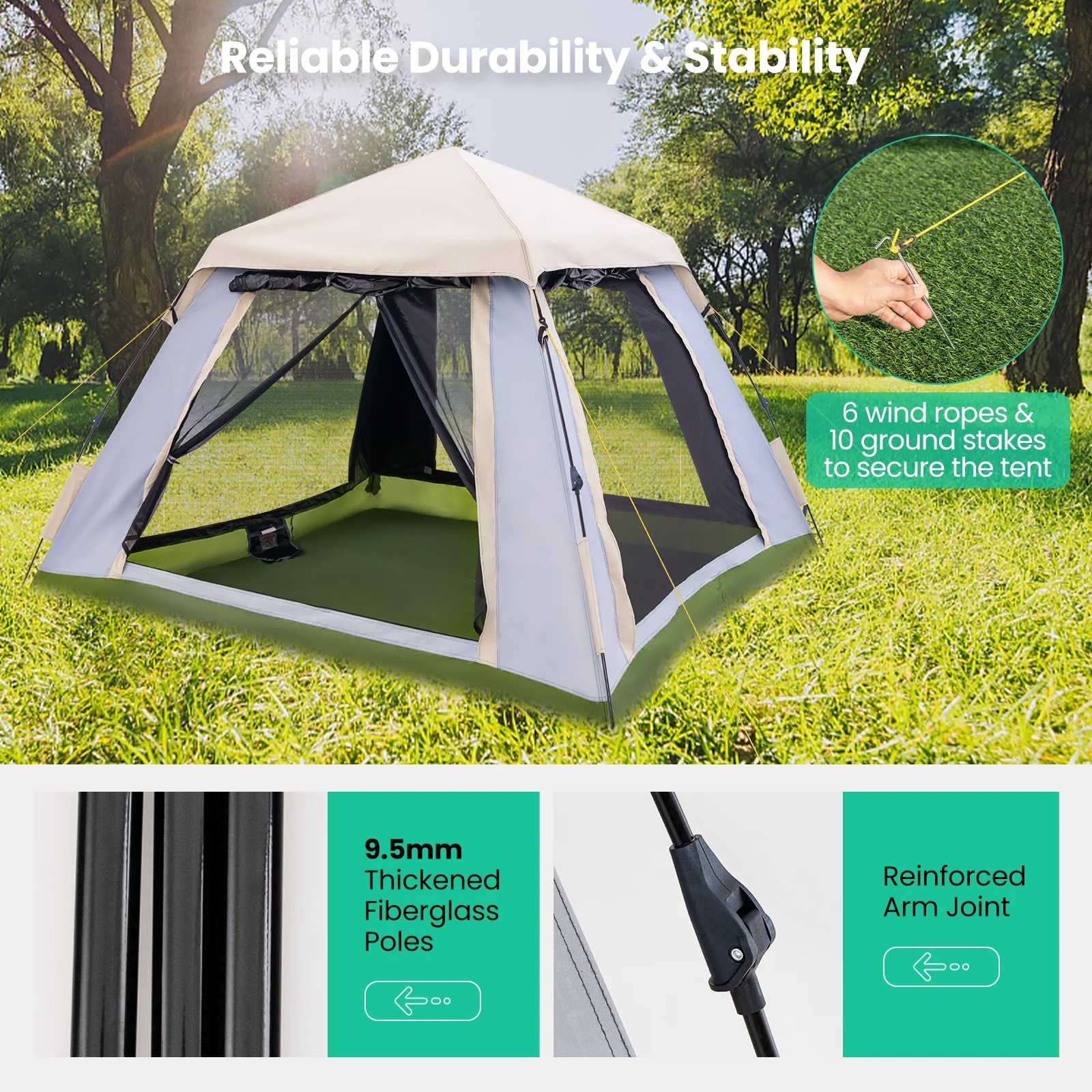 2-4 Person Pop-Up Camping Tent, Removable Rainfly, Beige - Image 9