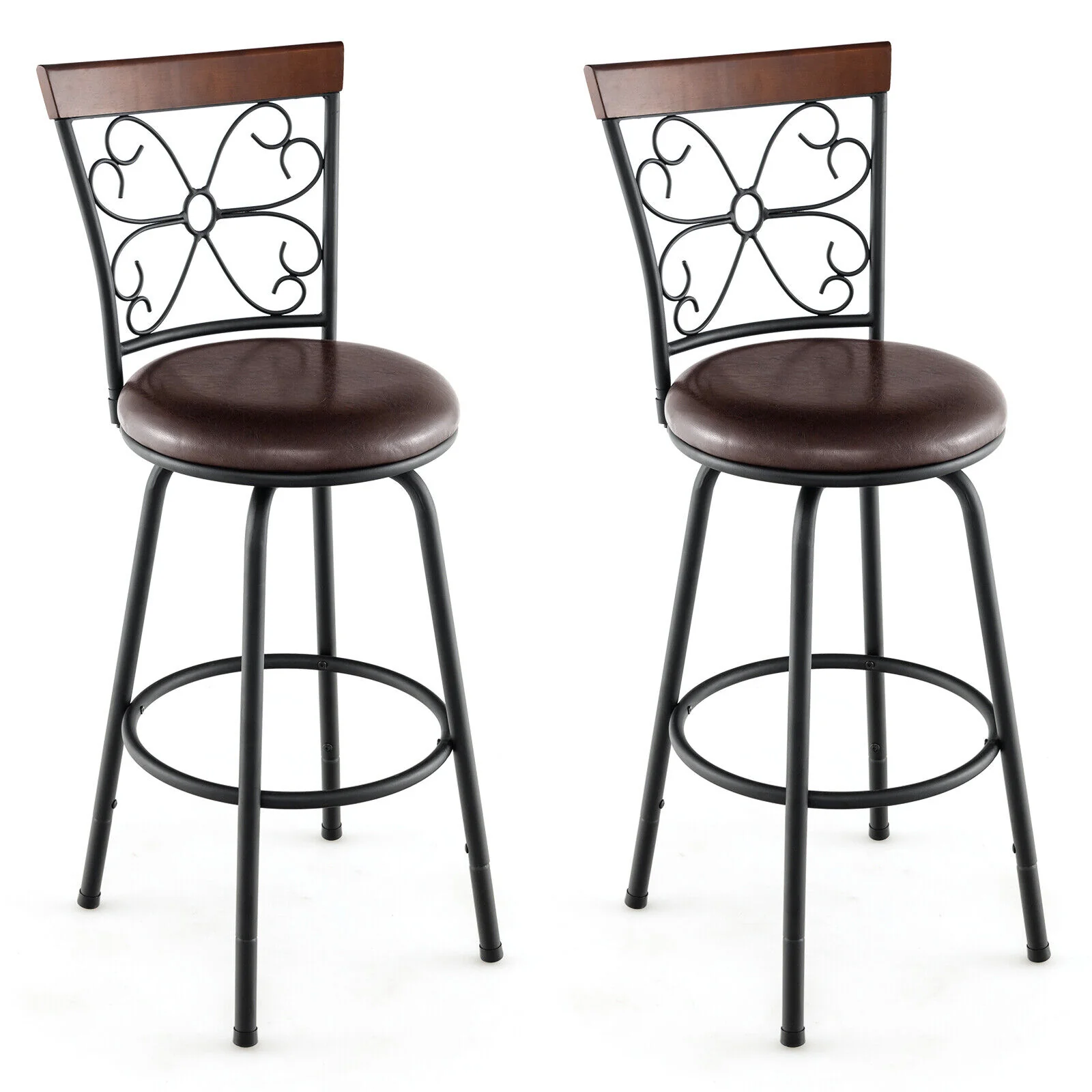 2 Adjustable PU Swivel Barstools, 24-30 Inch, Brown
