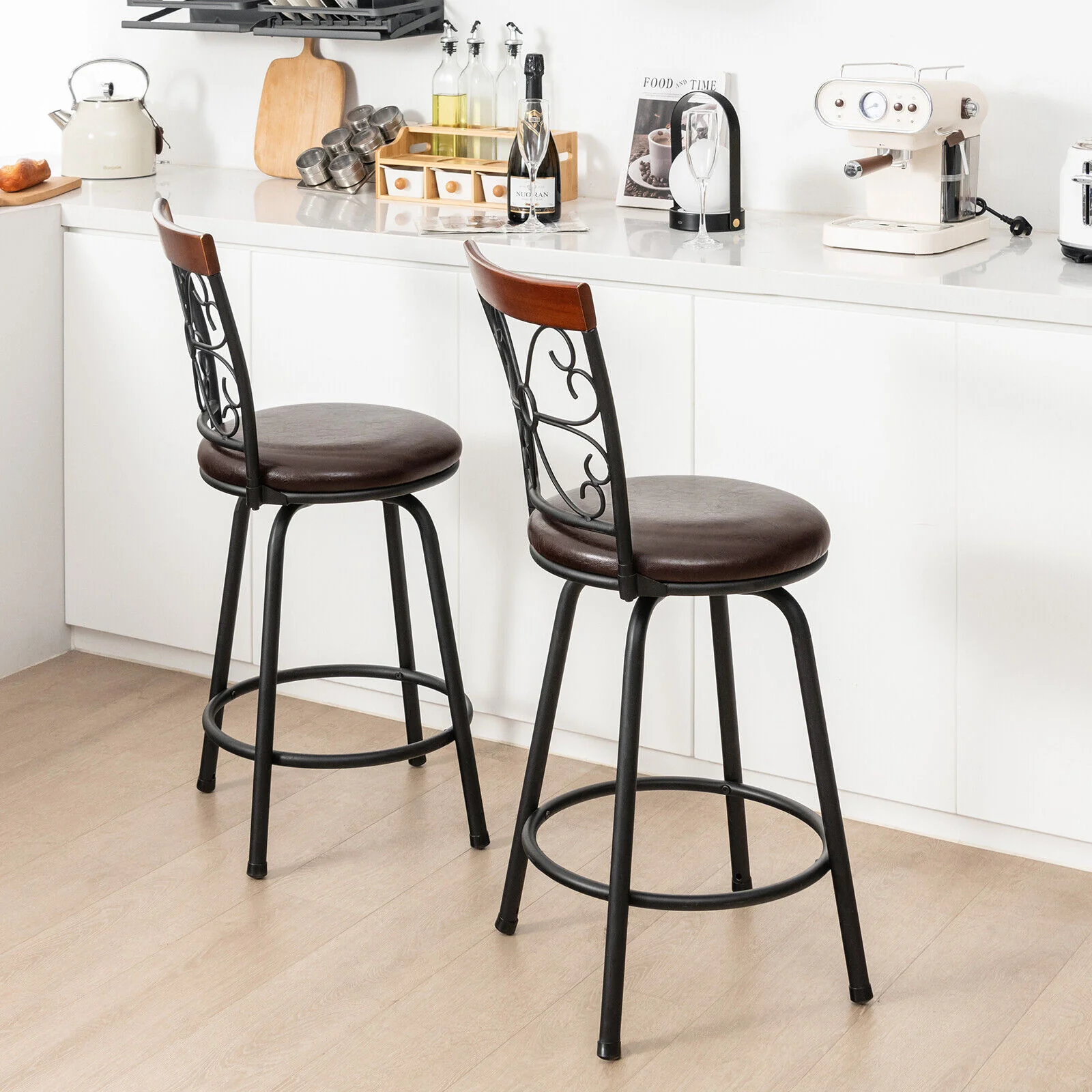 2 Adjustable PU Swivel Barstools, 24-30 Inch, Brown - Image 2