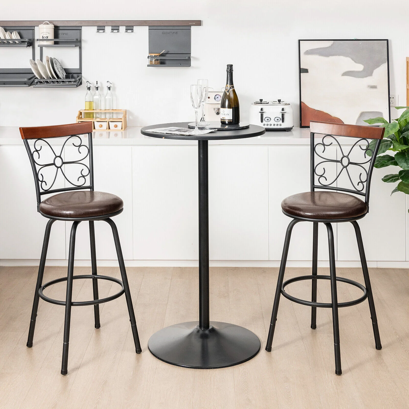 2 Adjustable PU Swivel Barstools, 24-30 Inch, Brown - Image 3