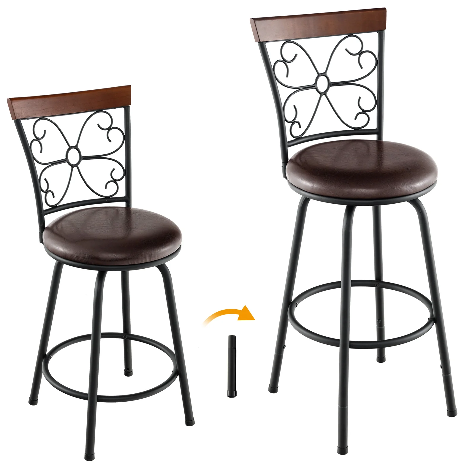 2 Adjustable PU Swivel Barstools, 24-30 Inch, Brown - Image 5