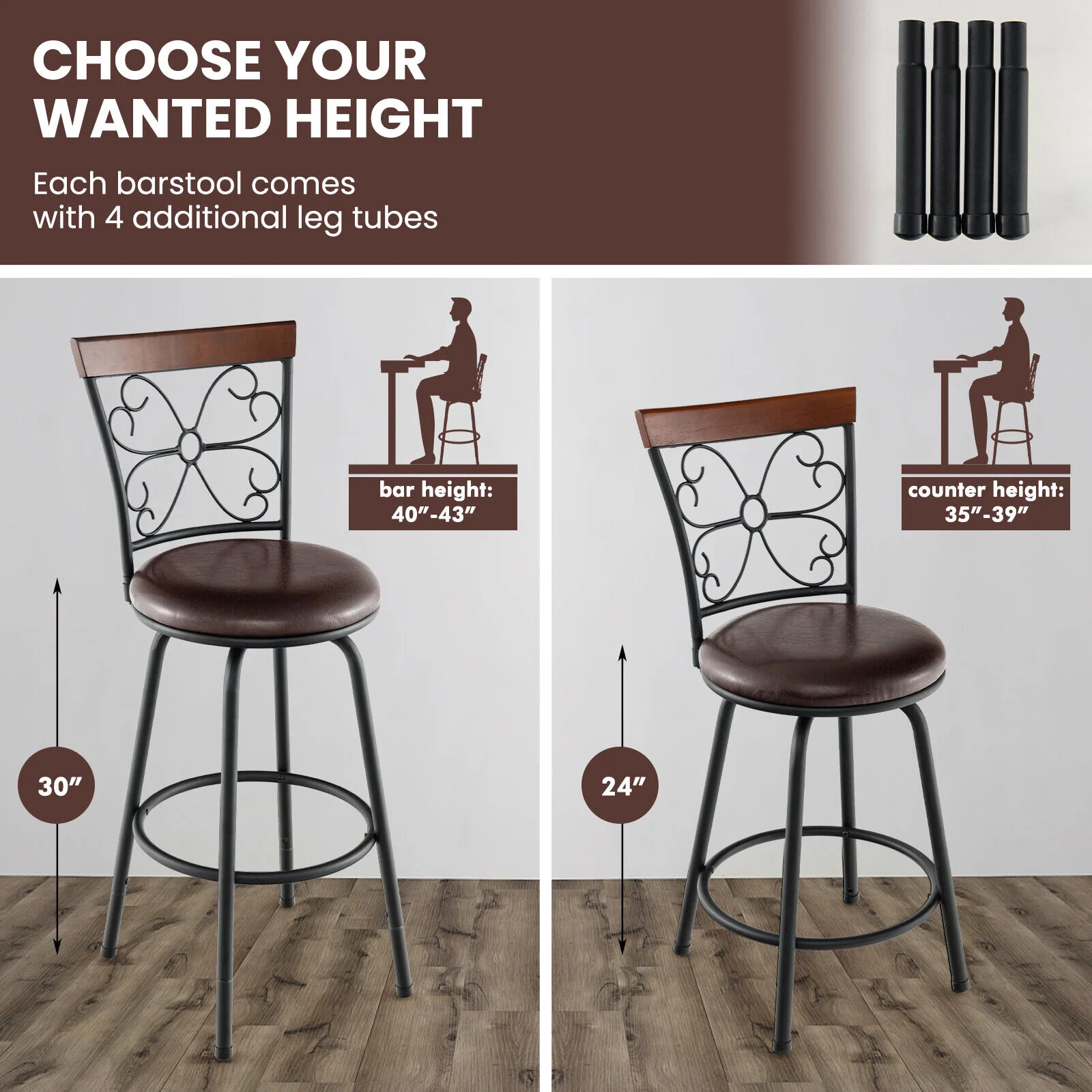 2 Adjustable PU Swivel Barstools, 24-30 Inch, Brown - Image 7