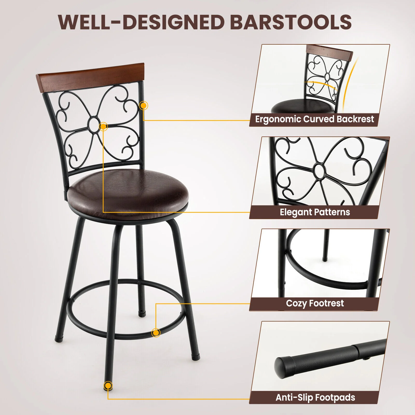 2 Adjustable PU Swivel Barstools, 24-30 Inch, Brown - Image 9