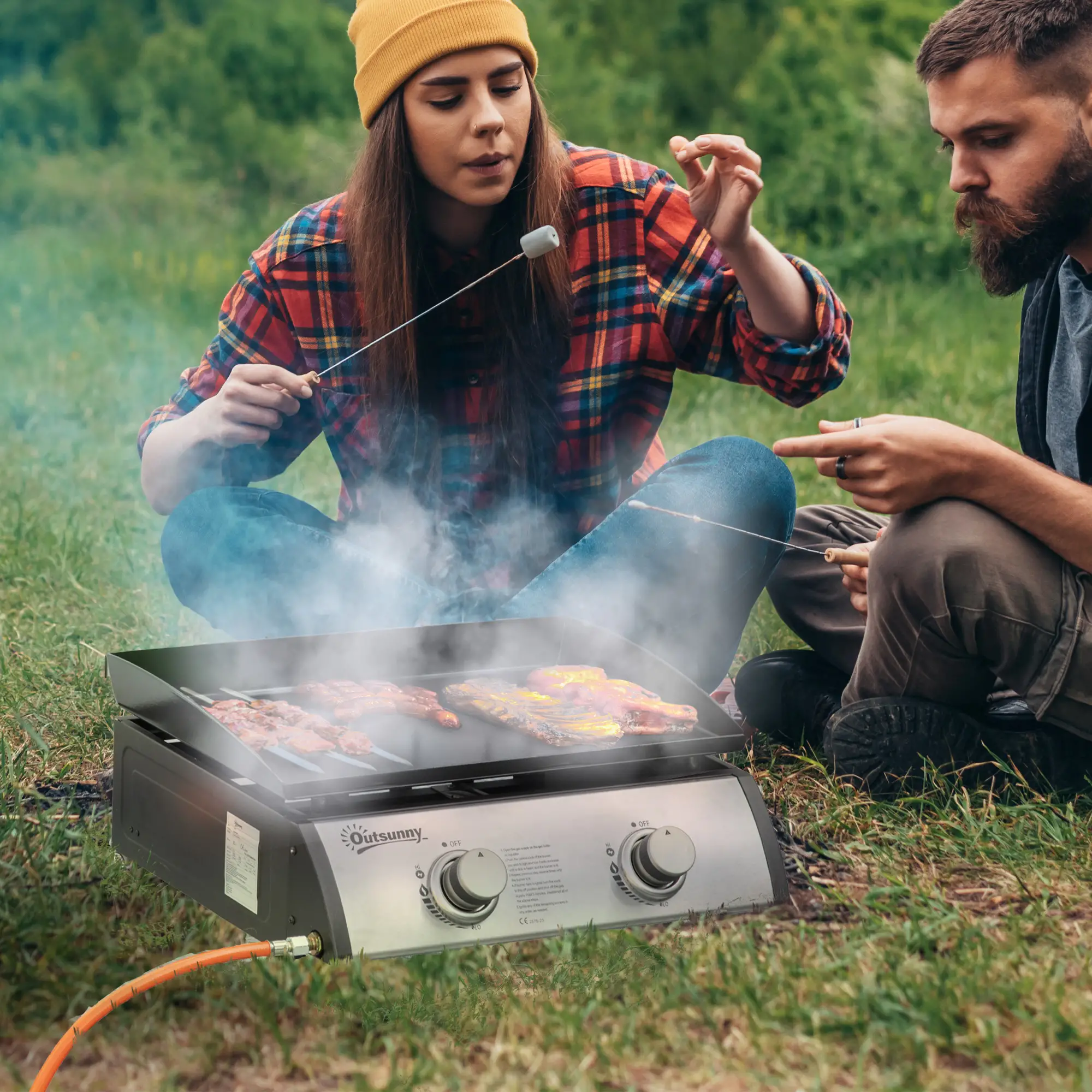 2 Burner Portable Tabletop Gas Grill, For Camping Picnic, Silver - Image 2