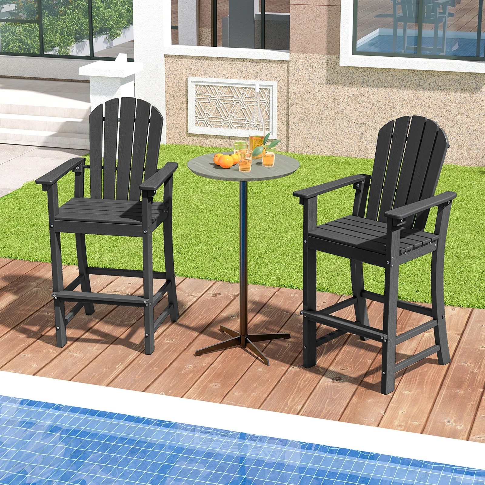 2 Counter Height Outdoor HDPE Bar Stool Set, Black - Image 2