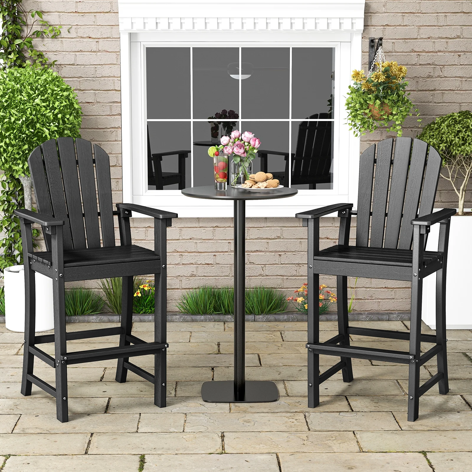 2 Counter Height Outdoor HDPE Bar Stool Set, Black - Image 3