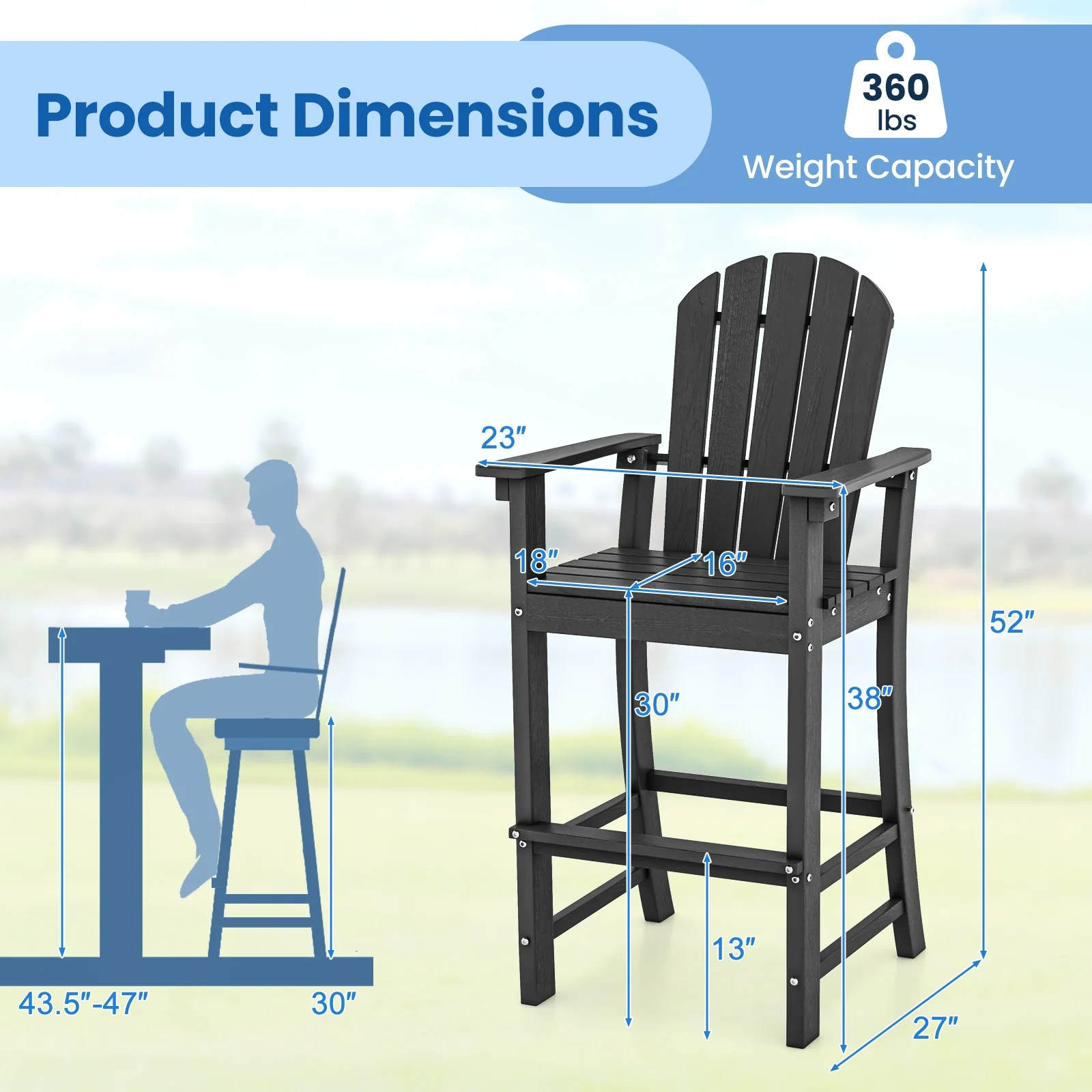 2 Counter Height Outdoor HDPE Bar Stool Set, Black - Image 5