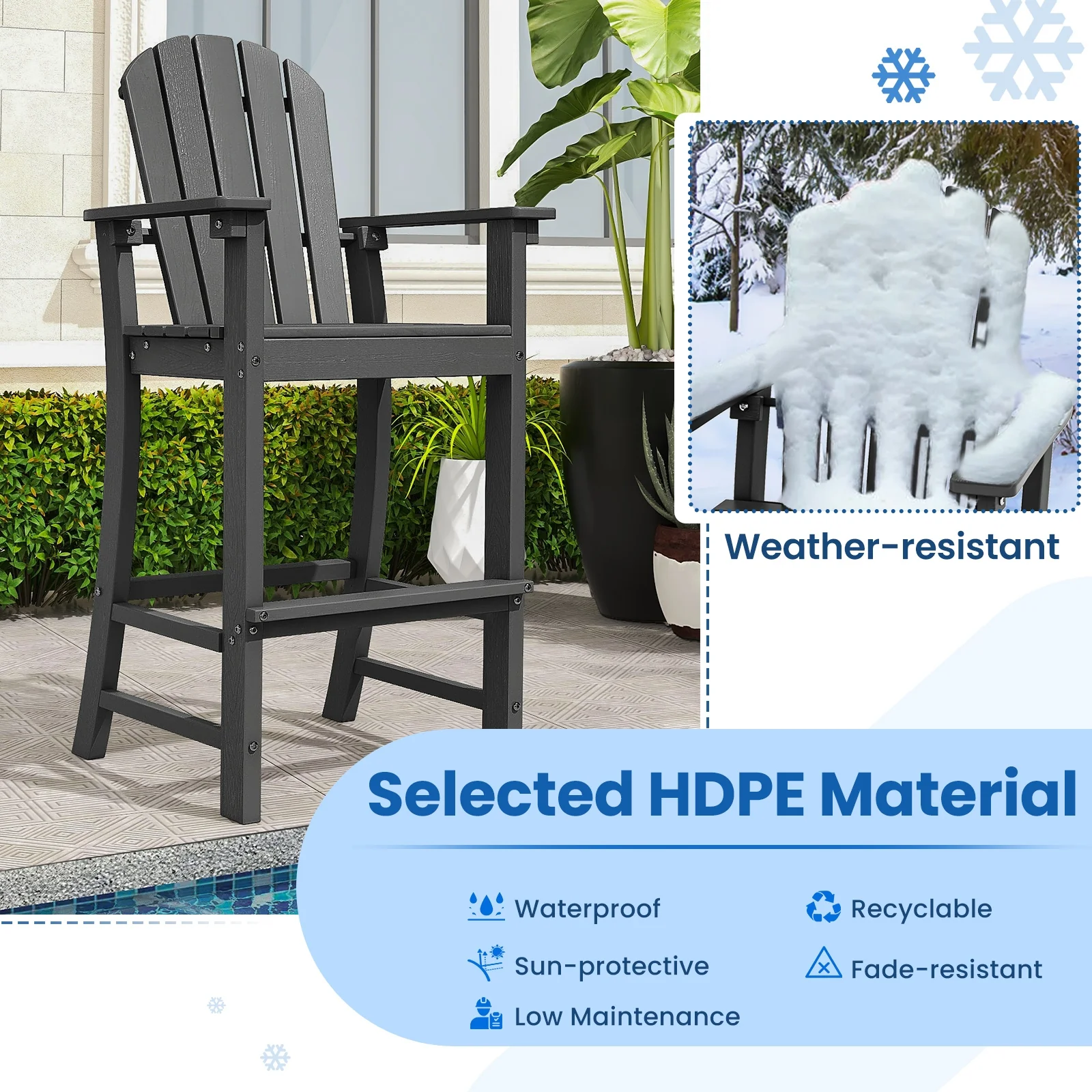 2 Counter Height Outdoor HDPE Bar Stool Set, Black - Image 7