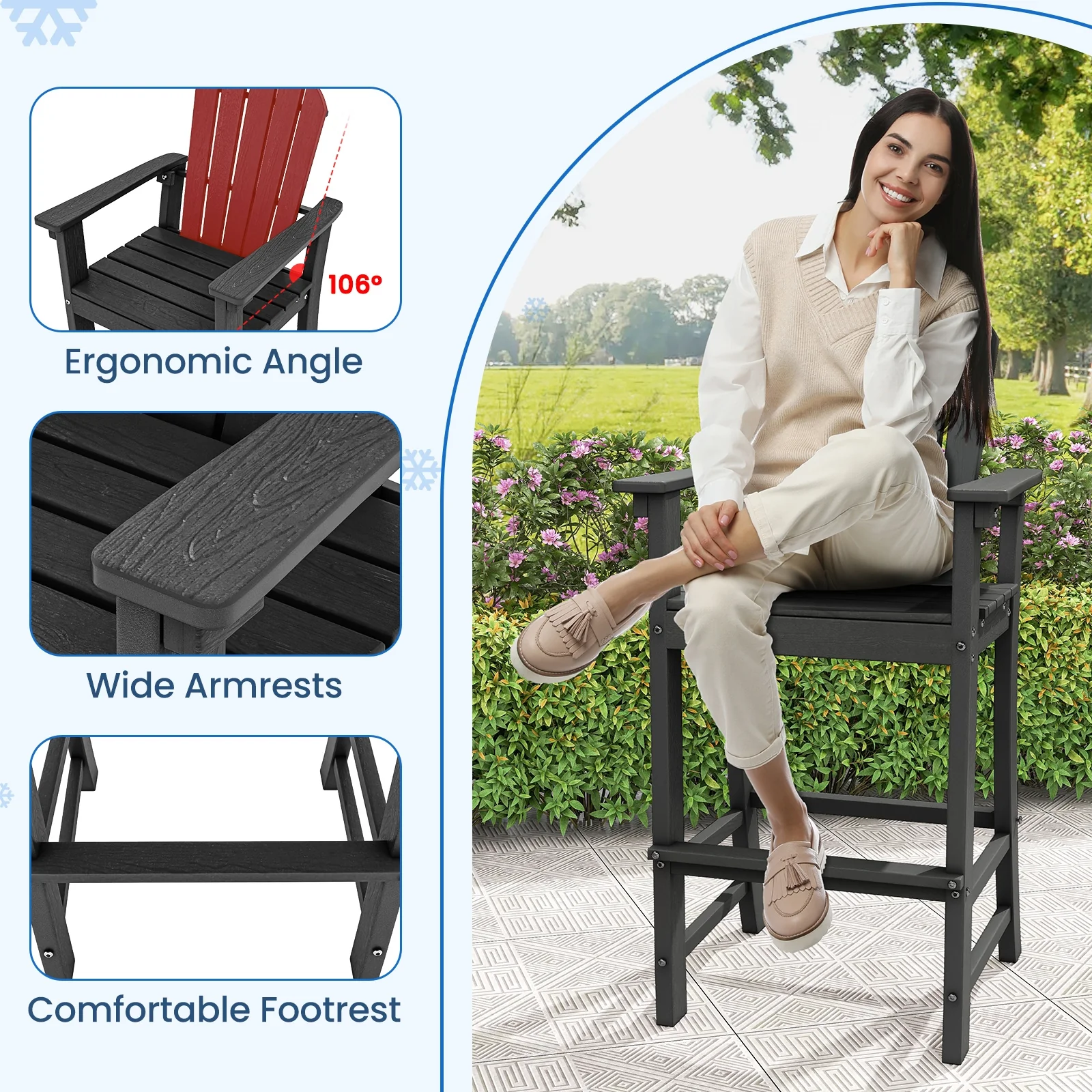 2 Counter Height Outdoor HDPE Bar Stool Set, Black - Image 8