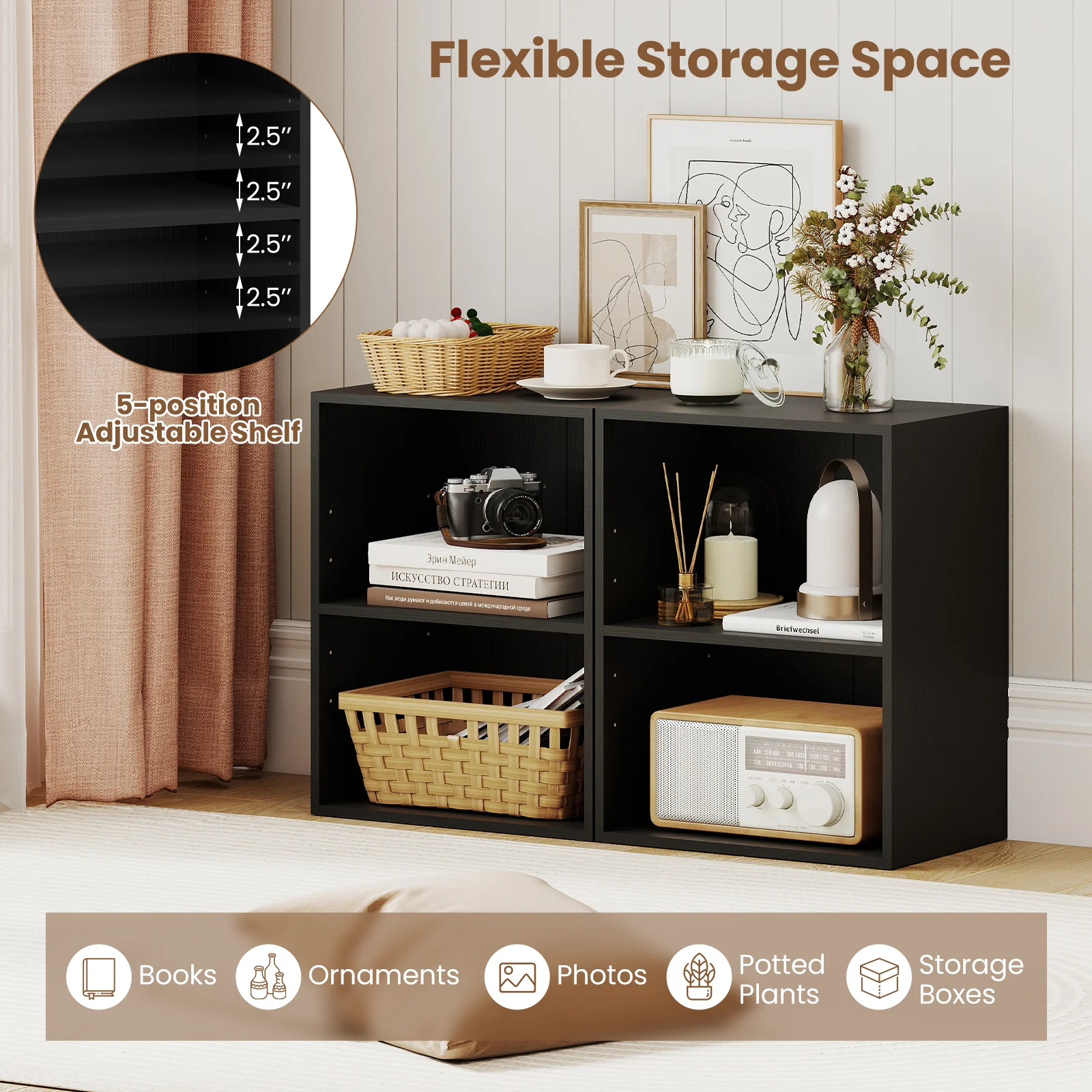 2-Cube Bookcase Floor Standing Open Bookshelf with 5-Position Adjustable Shelf, Black - Image 9