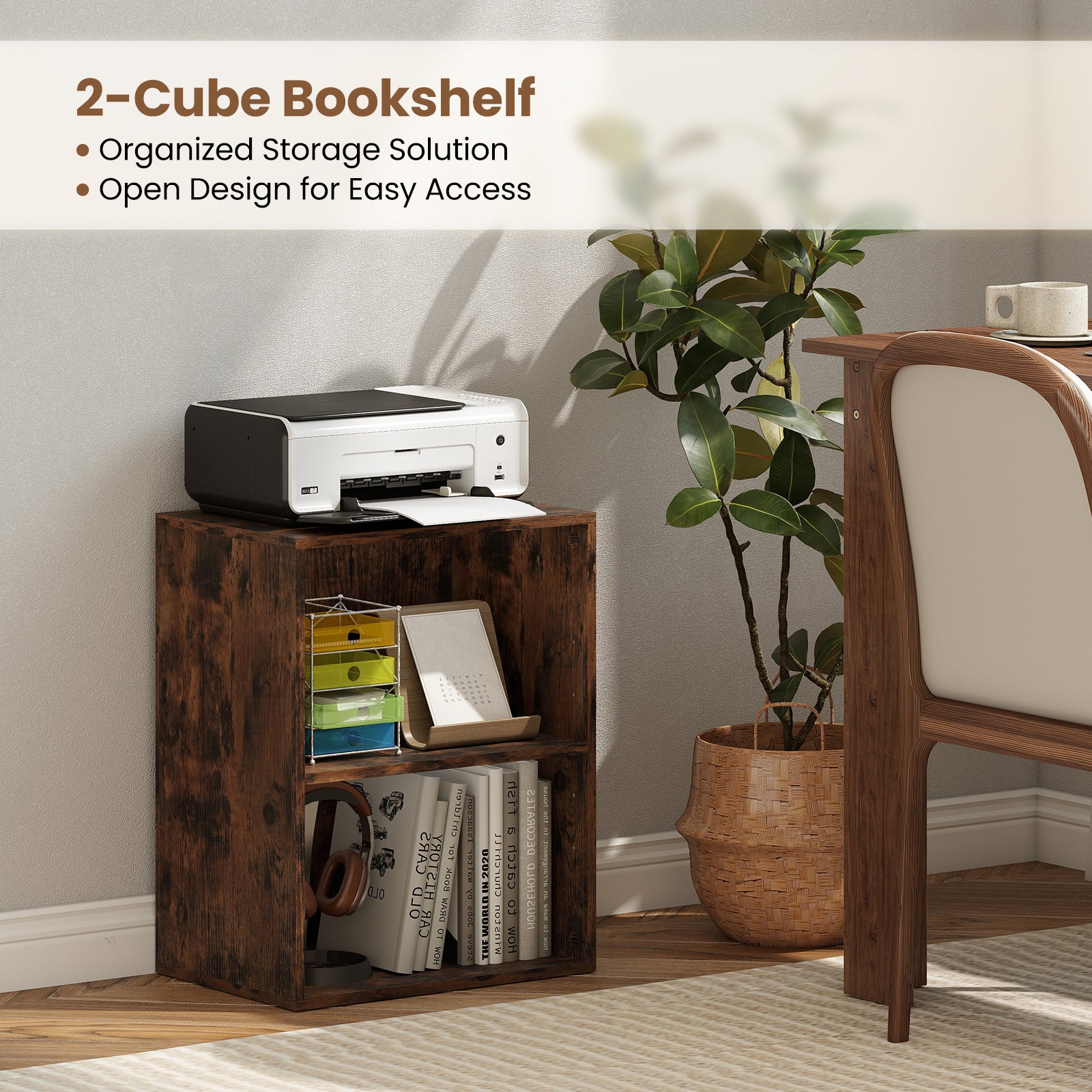 2-Cube Bookcase Floor Standing Open Bookshelf with 5-Position Adjustable Shelf, Brown - Image 10