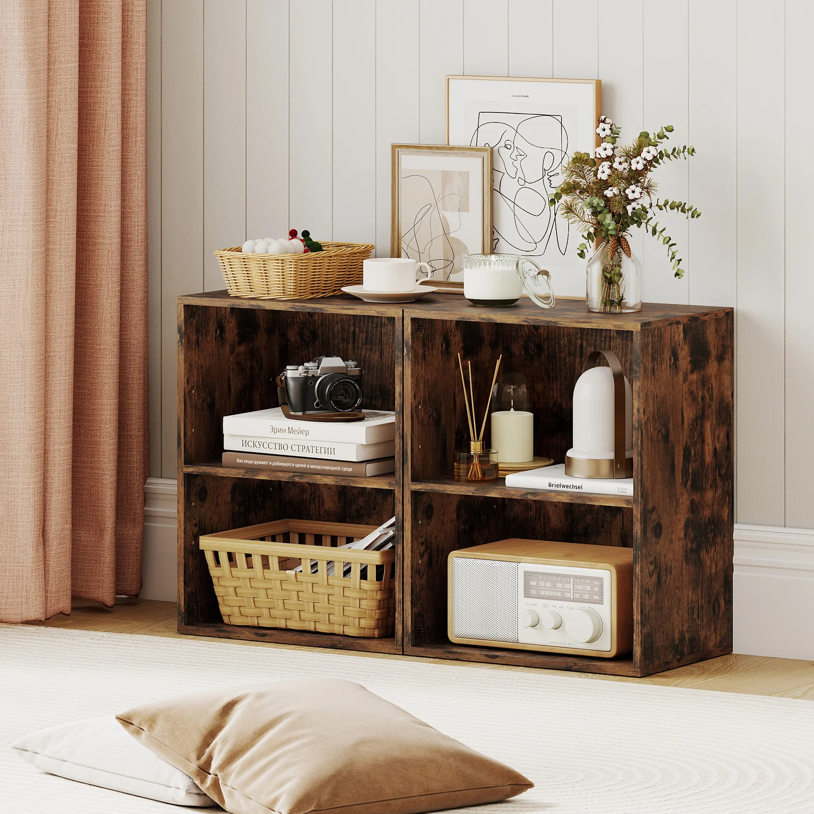 2-Cube Bookcase Floor Standing Open Bookshelf with 5-Position Adjustable Shelf, Brown - Image 7