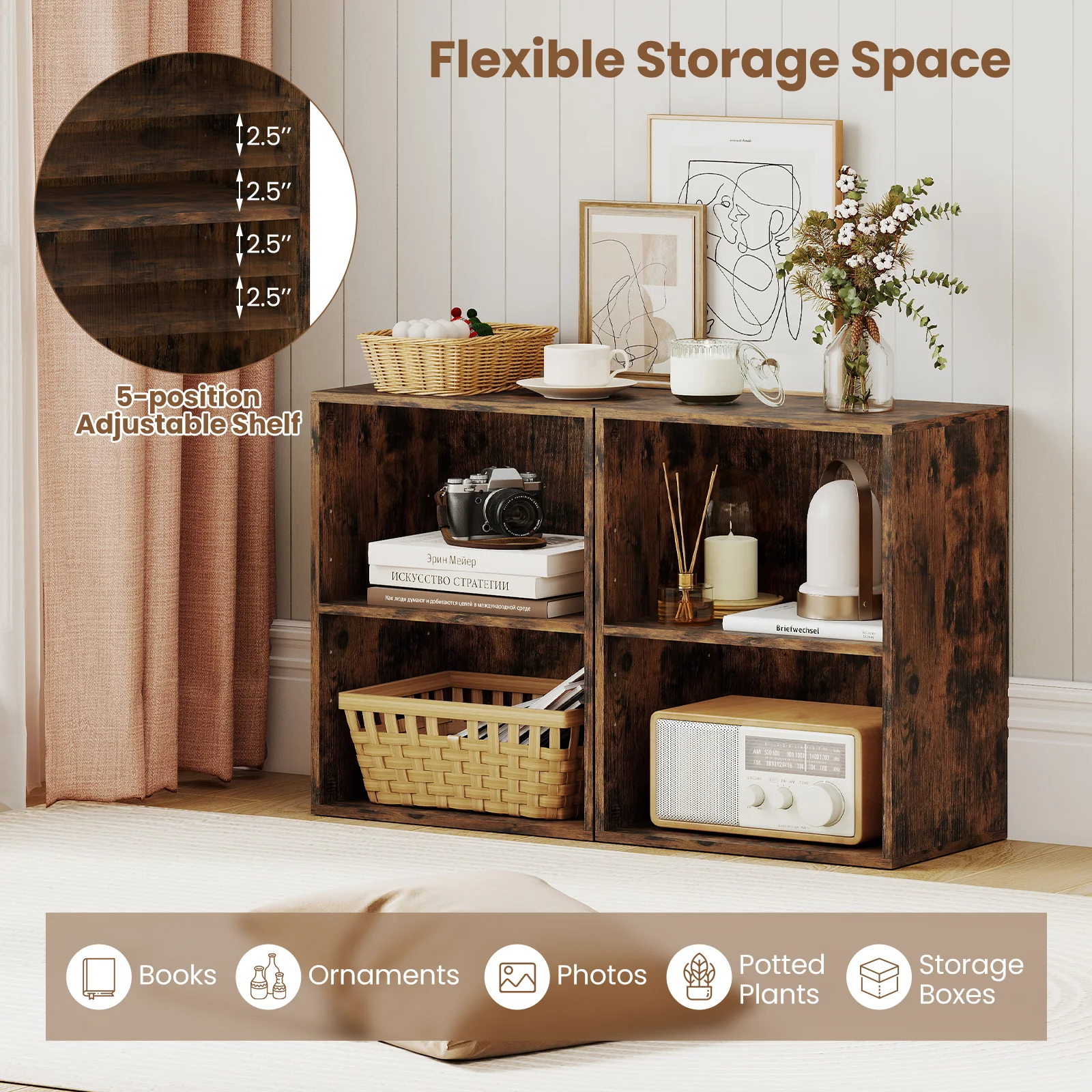 2-Cube Bookcase Floor Standing Open Bookshelf with 5-Position Adjustable Shelf, Brown - Image 9