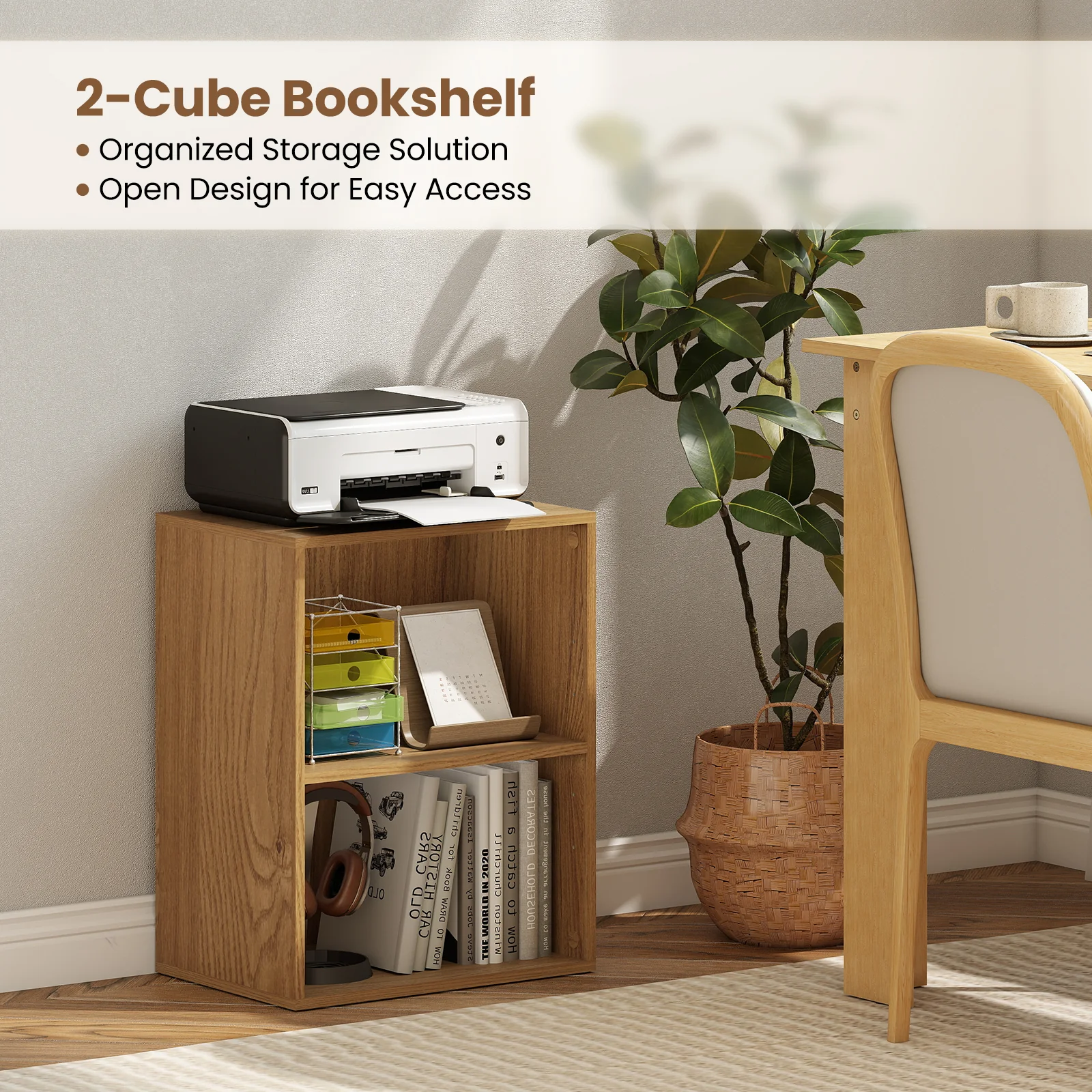 2-Cube Bookcase Floor Standing Open Bookshelf with 5-Position Adjustable Shelf, Natural - Image 10