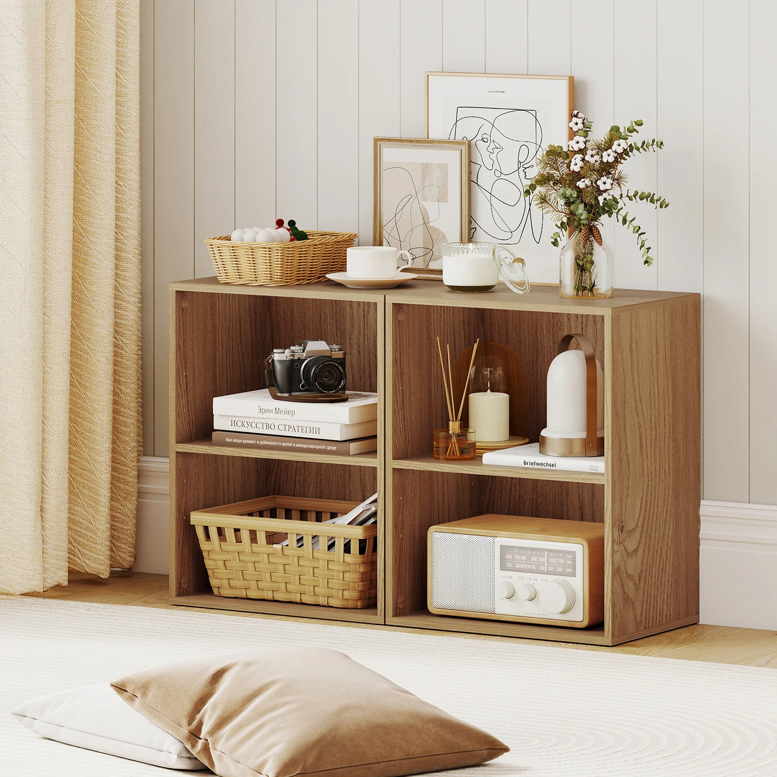 2-Cube Bookcase Floor Standing Open Bookshelf with 5-Position Adjustable Shelf, Natural - Image 3