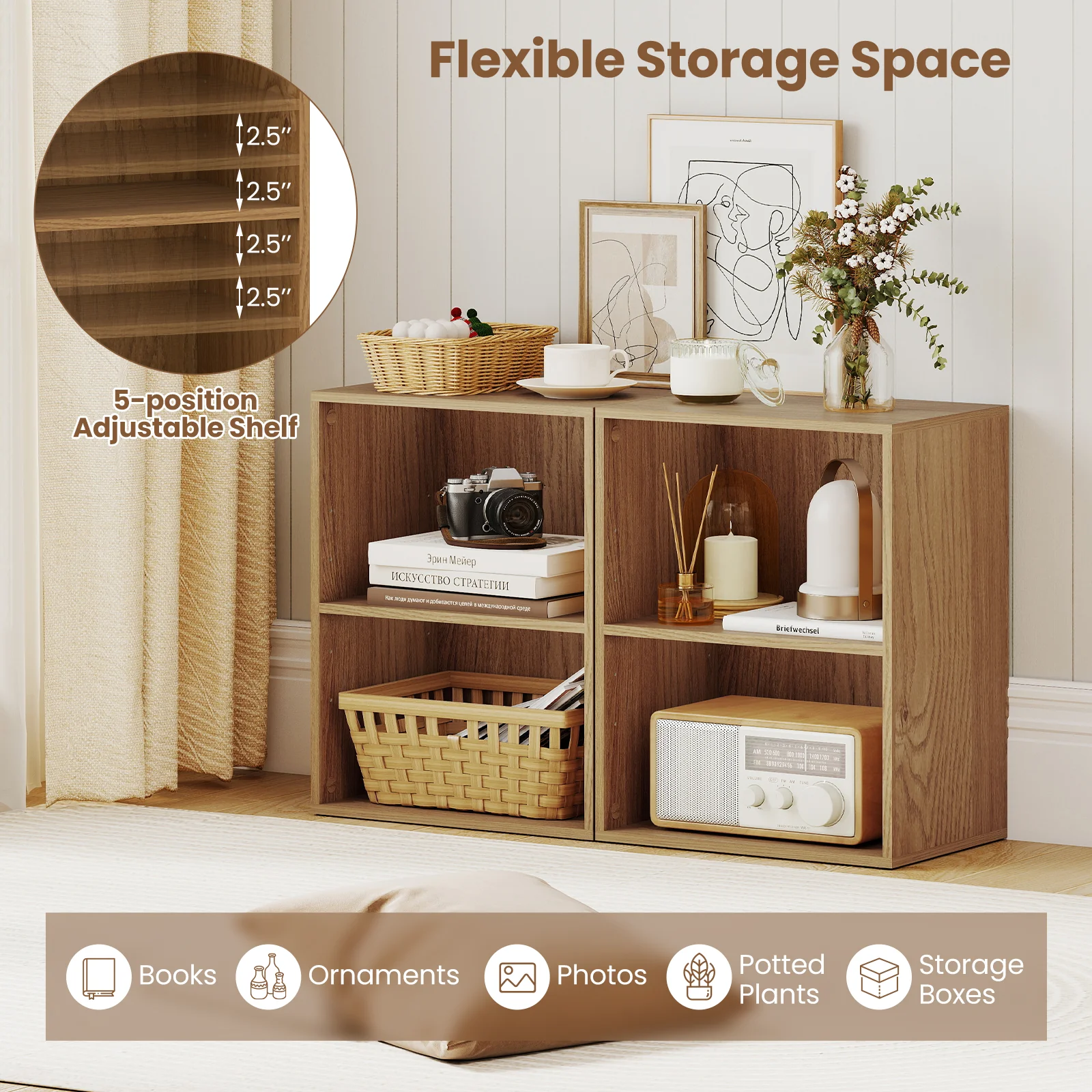2-Cube Bookcase Floor Standing Open Bookshelf with 5-Position Adjustable Shelf, Natural - Image 9
