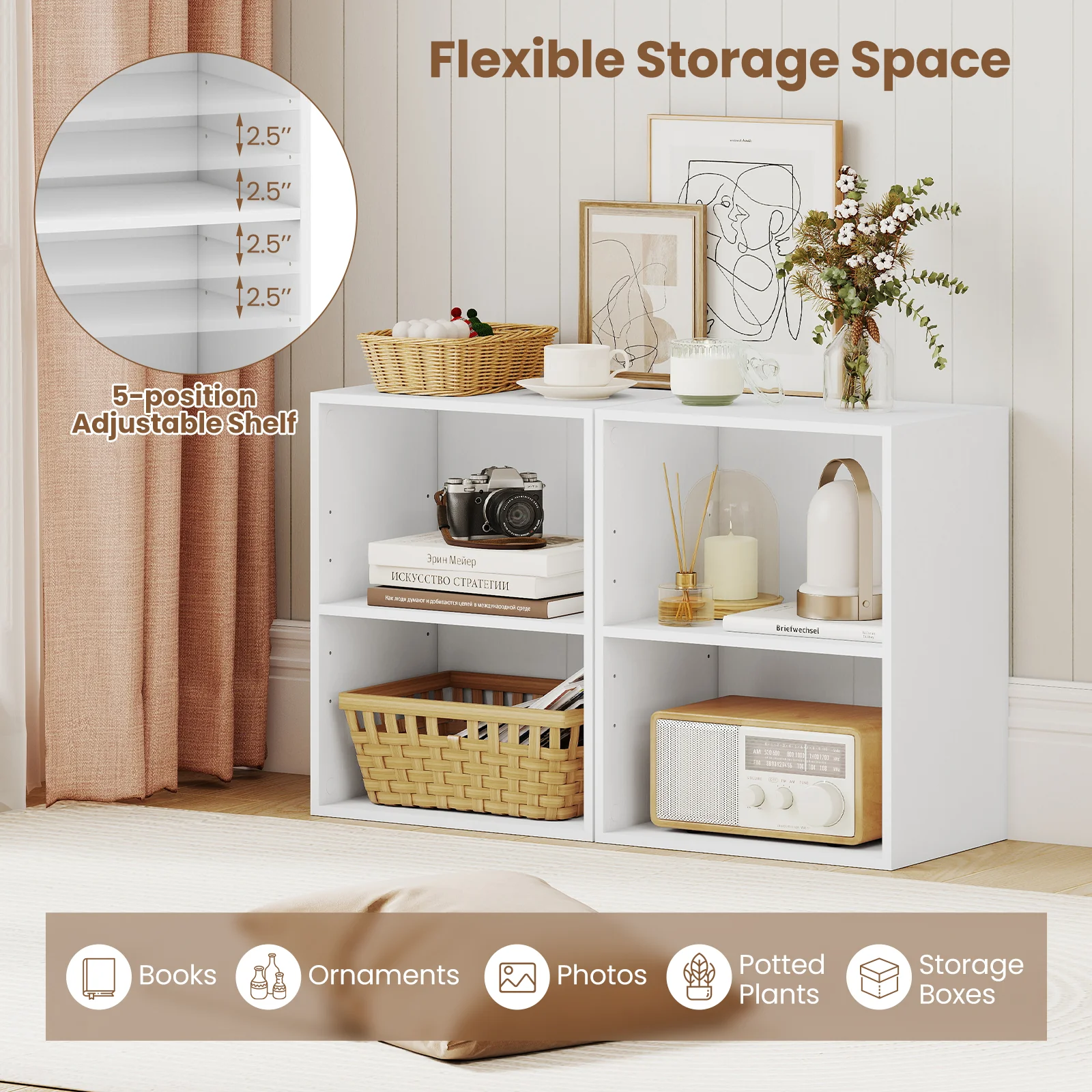 2-Cube Bookcase Floor Standing Open Bookshelf with 5-Position Adjustable Shelf, White - Image 9