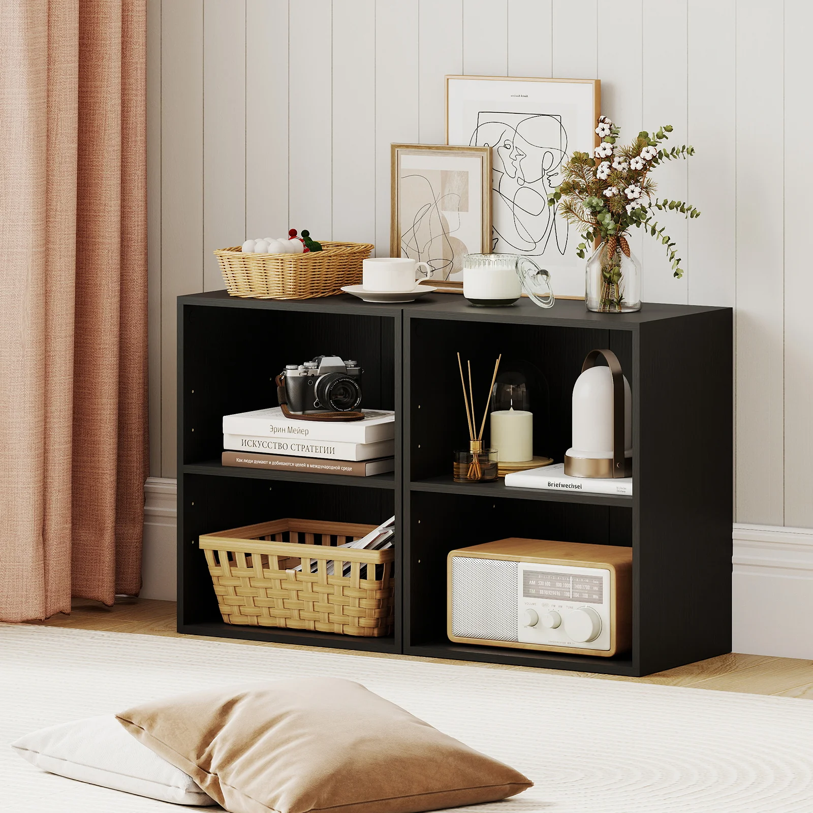 2-Cube Bookcase Set of 2 Floor Standing Open Bookshelf w/ 5-Position Adjustable Shelf, Black - Image 2