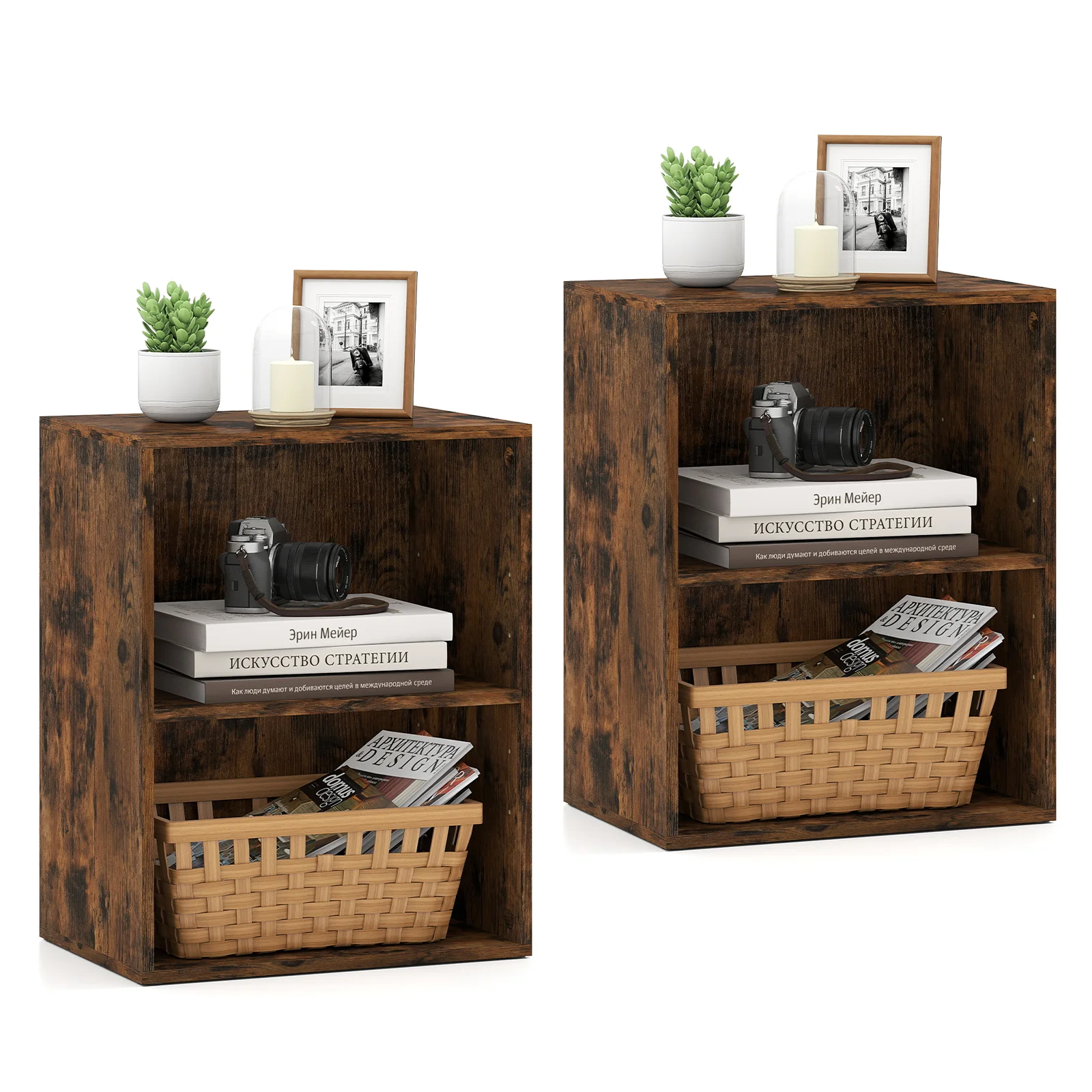 2-Cube Bookcase Set of 2 Floor Standing Open Bookshelf w/ 5-Position Adjustable Shelf, Brown
