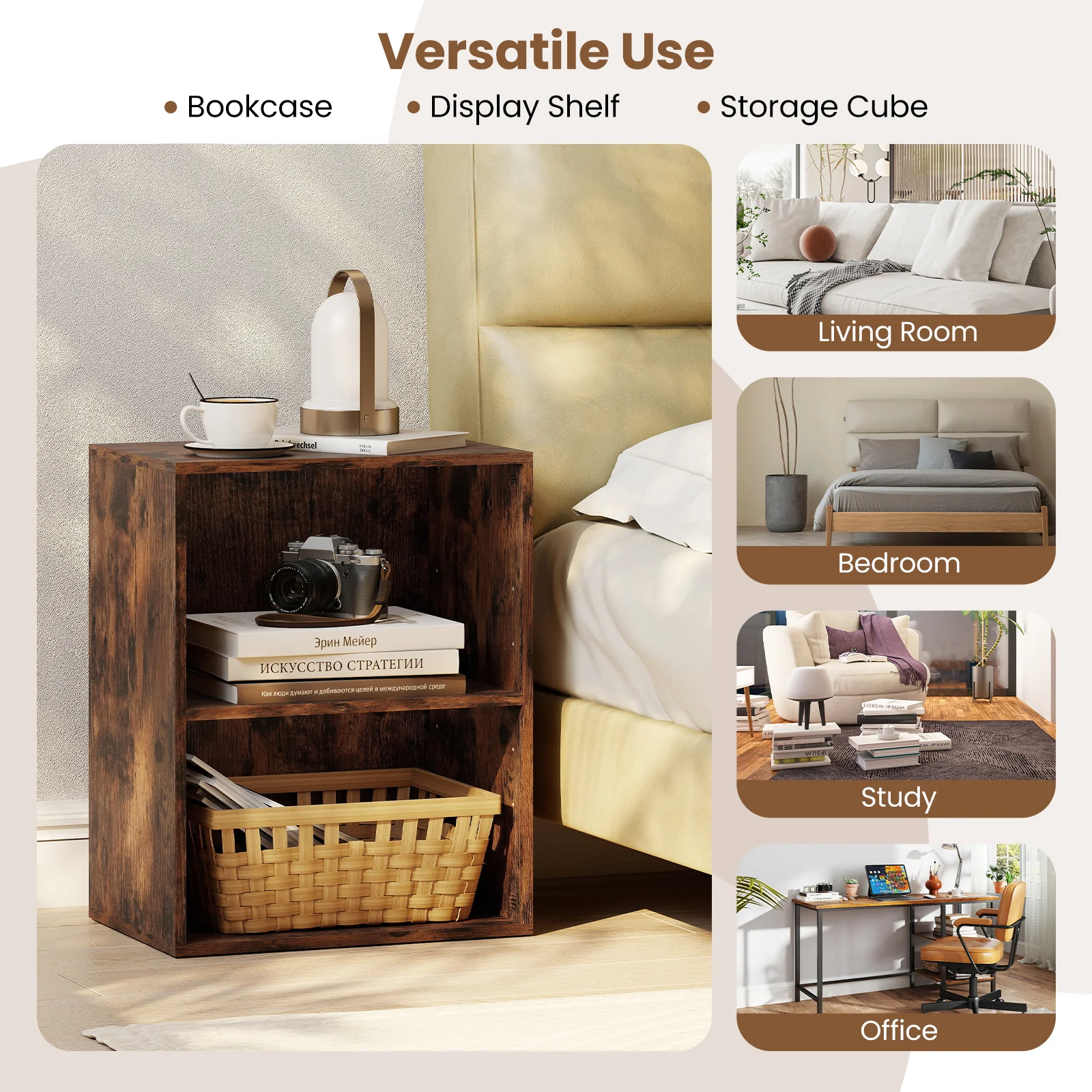 2-Cube Bookcase Set of 2 Floor Standing Open Bookshelf w/ 5-Position Adjustable Shelf, Brown - Image 10