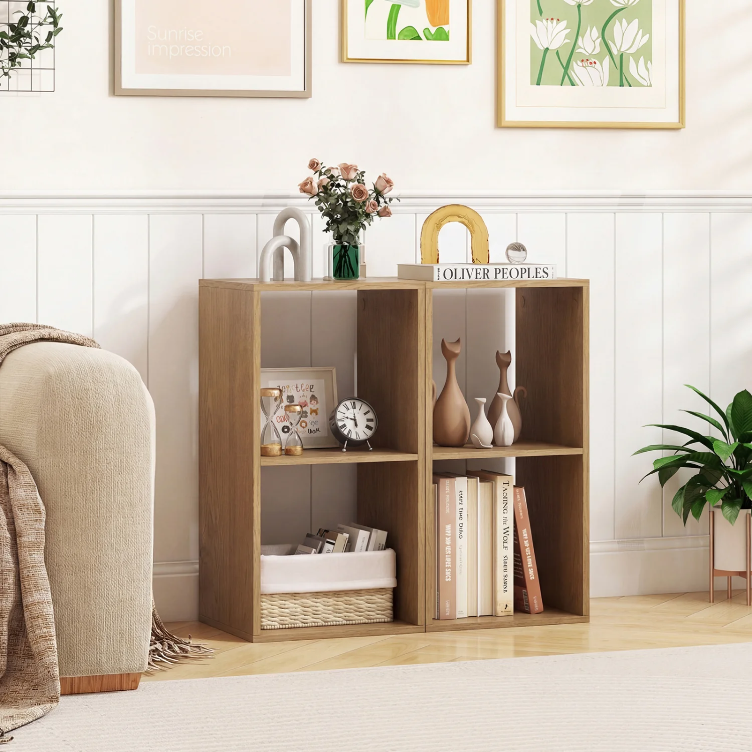 2 Cube Bookshelf with Back Guardrail for Living Room Bedroom, Natural - Image 7