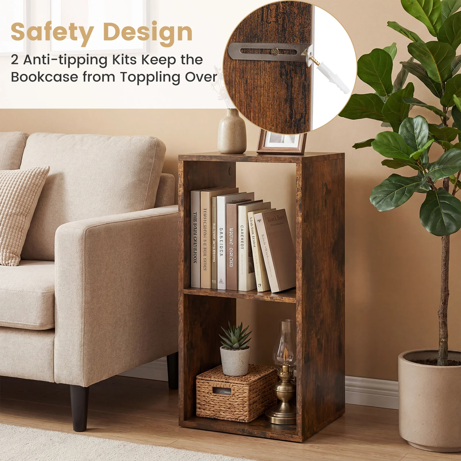 2 Cube Bookshelf with Back Guardrail for Living Room Bedroom, Rustic Brown - Image 10
