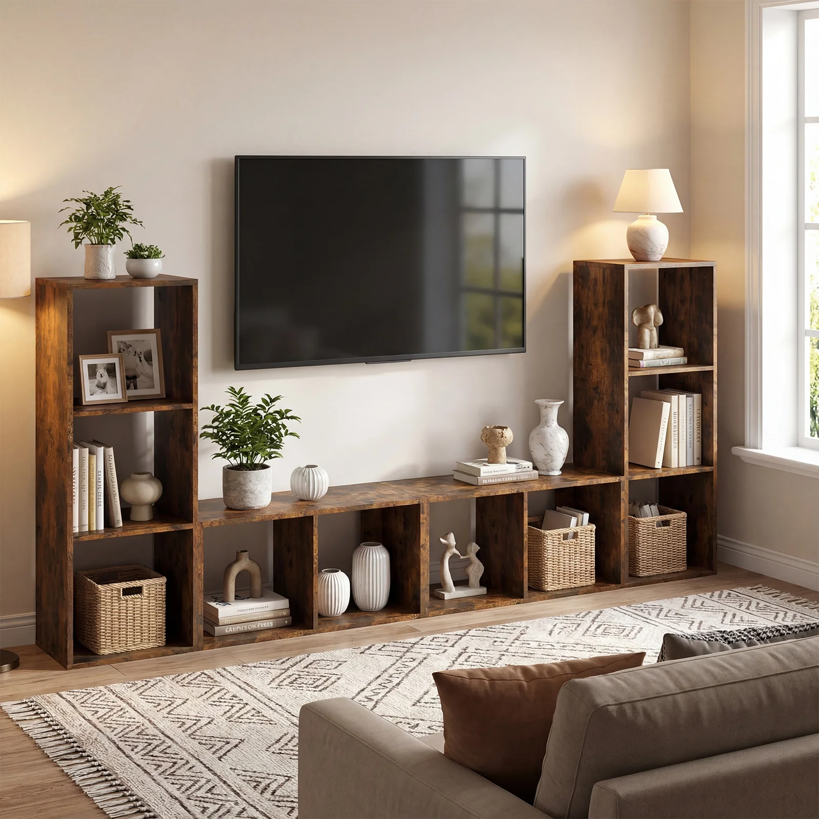 2 Cube Bookshelf with Back Guardrail for Living Room Bedroom, Rustic Brown - Image 3