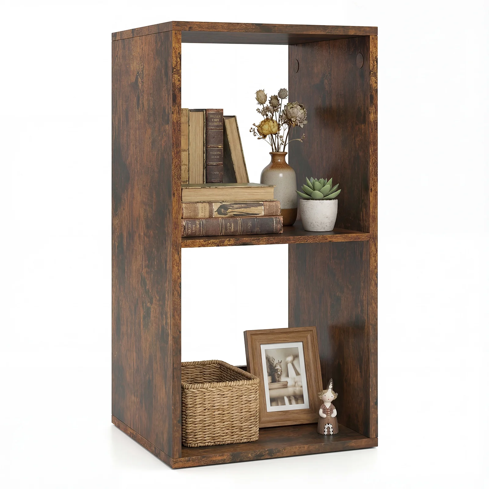 2 Cube Bookshelf with Back Guardrail for Living Room Bedroom, Rustic Brown - Image 5