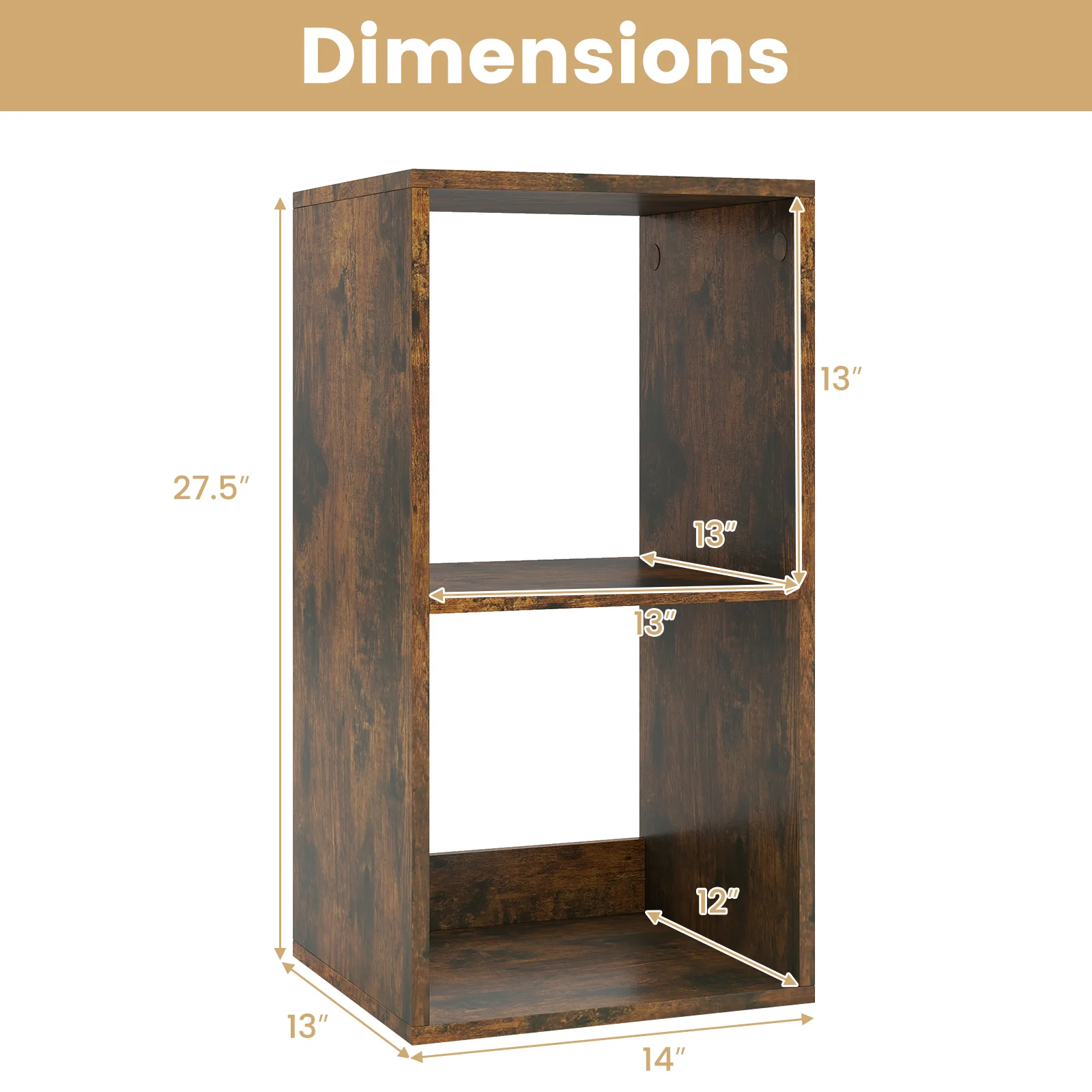 2 Cube Bookshelf with Back Guardrail for Living Room Bedroom, Rustic Brown - Image 6