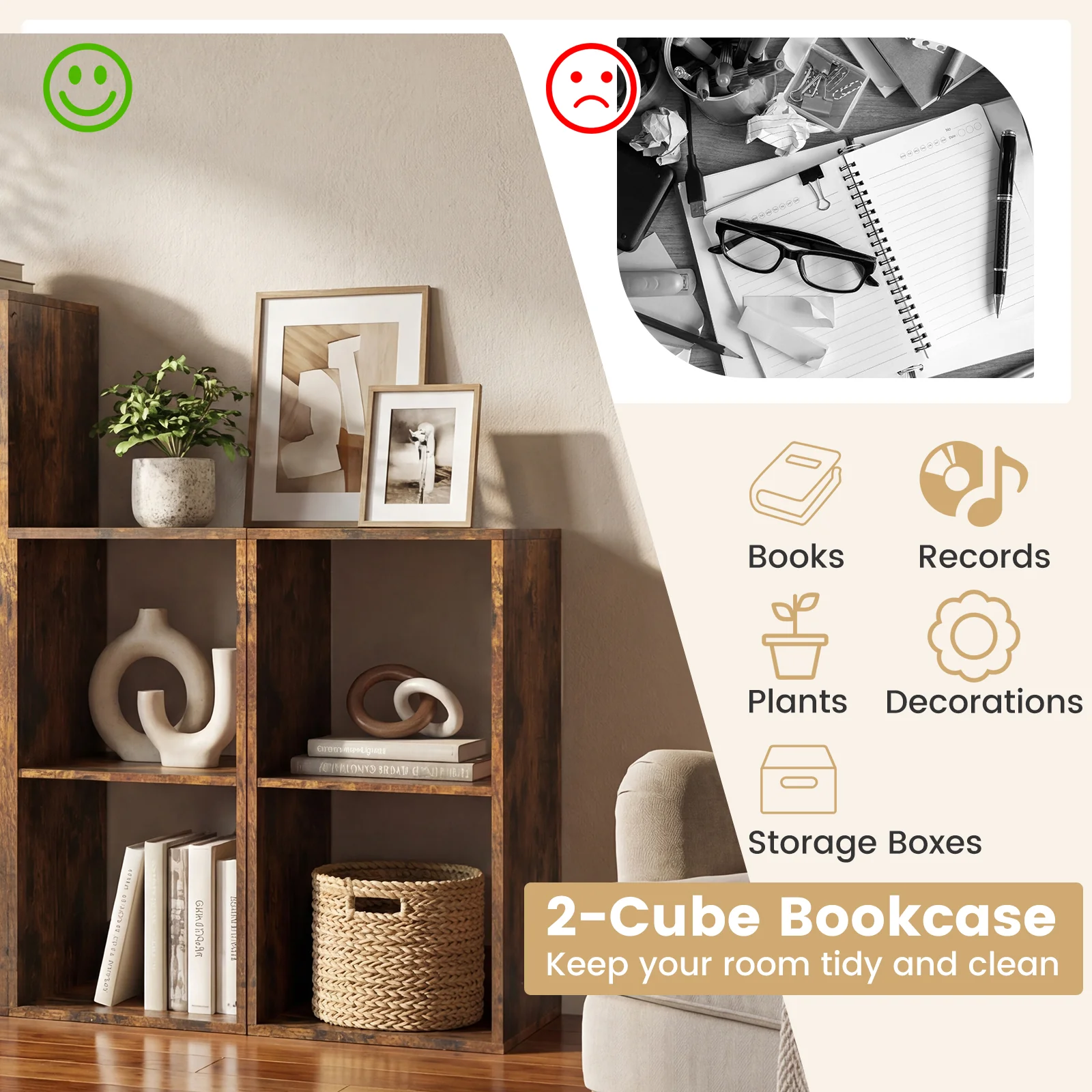 2 Cube Bookshelf with Back Guardrail for Living Room Bedroom, Rustic Brown - Image 9