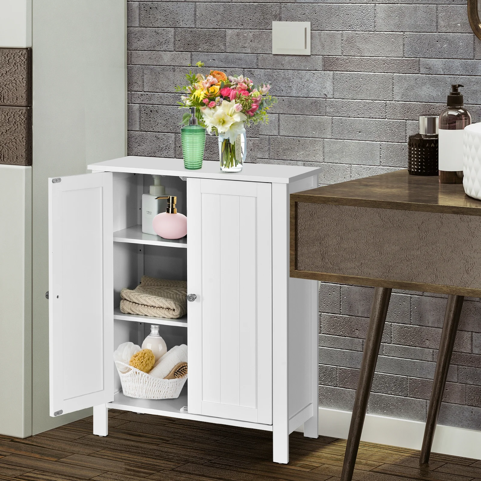 2-Door Bathroom Floor Cabinet, Adjustable Shelf, White - Image 2