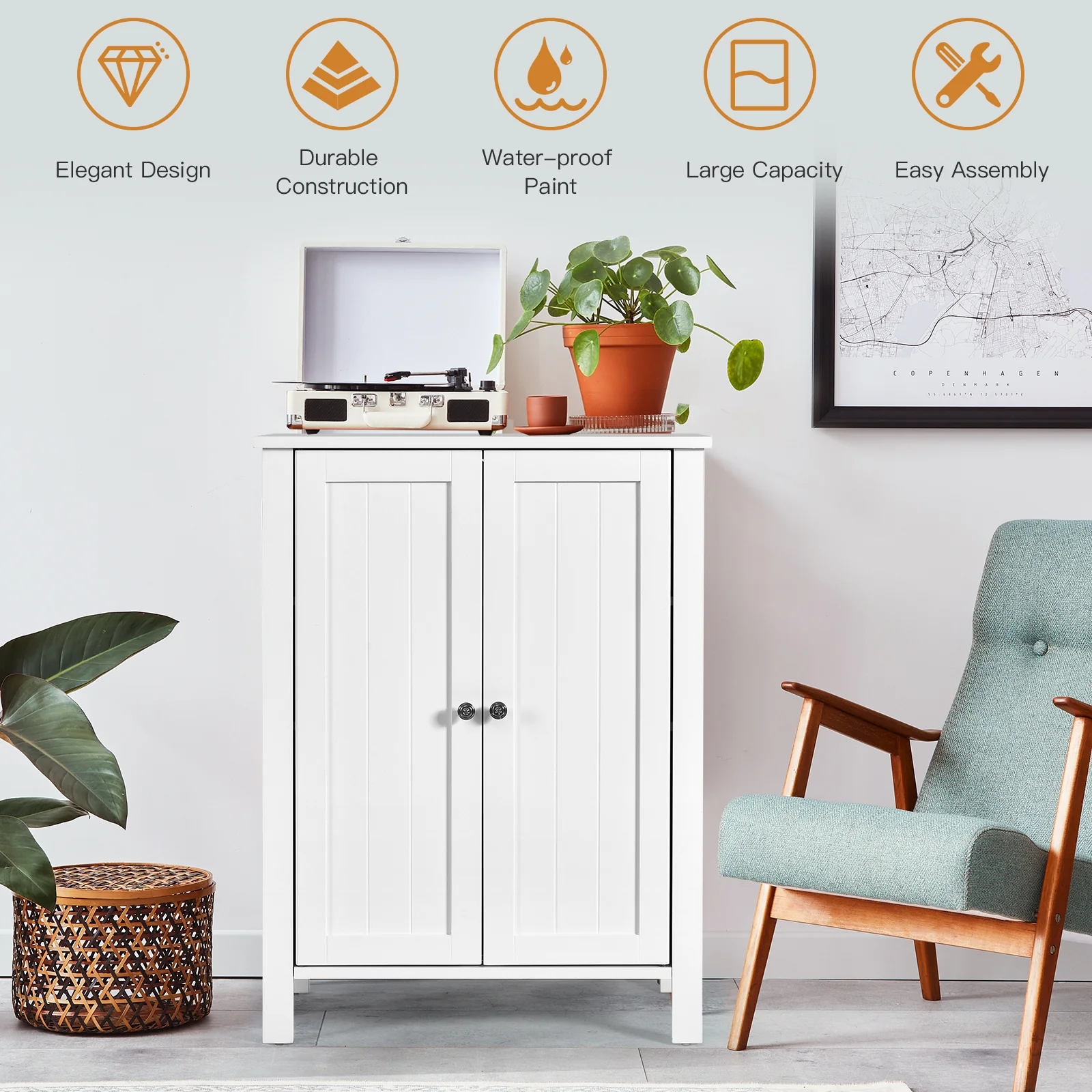 2-Door Bathroom Floor Cabinet, Adjustable Shelf, White - Image 3