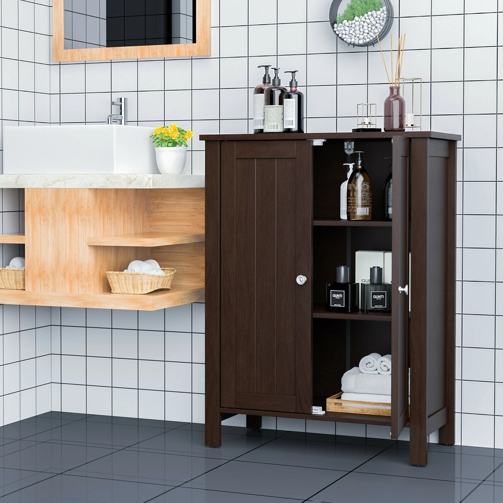 2-Door Bathroom Floor Cabinet, Brown - Image 7