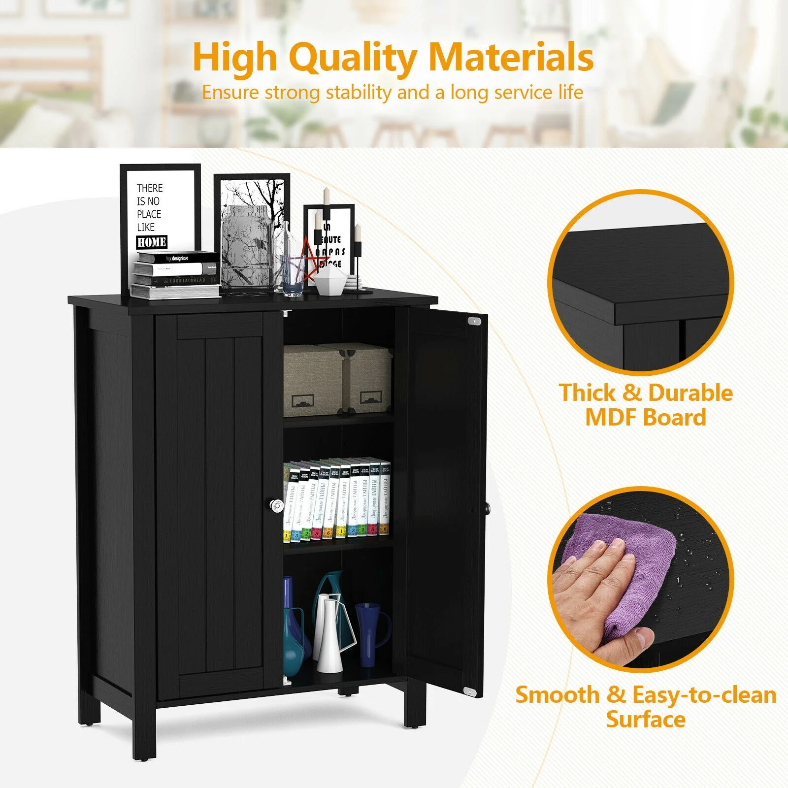 2-Door Bathroom Floor Storage Cabinet, Black - Image 10