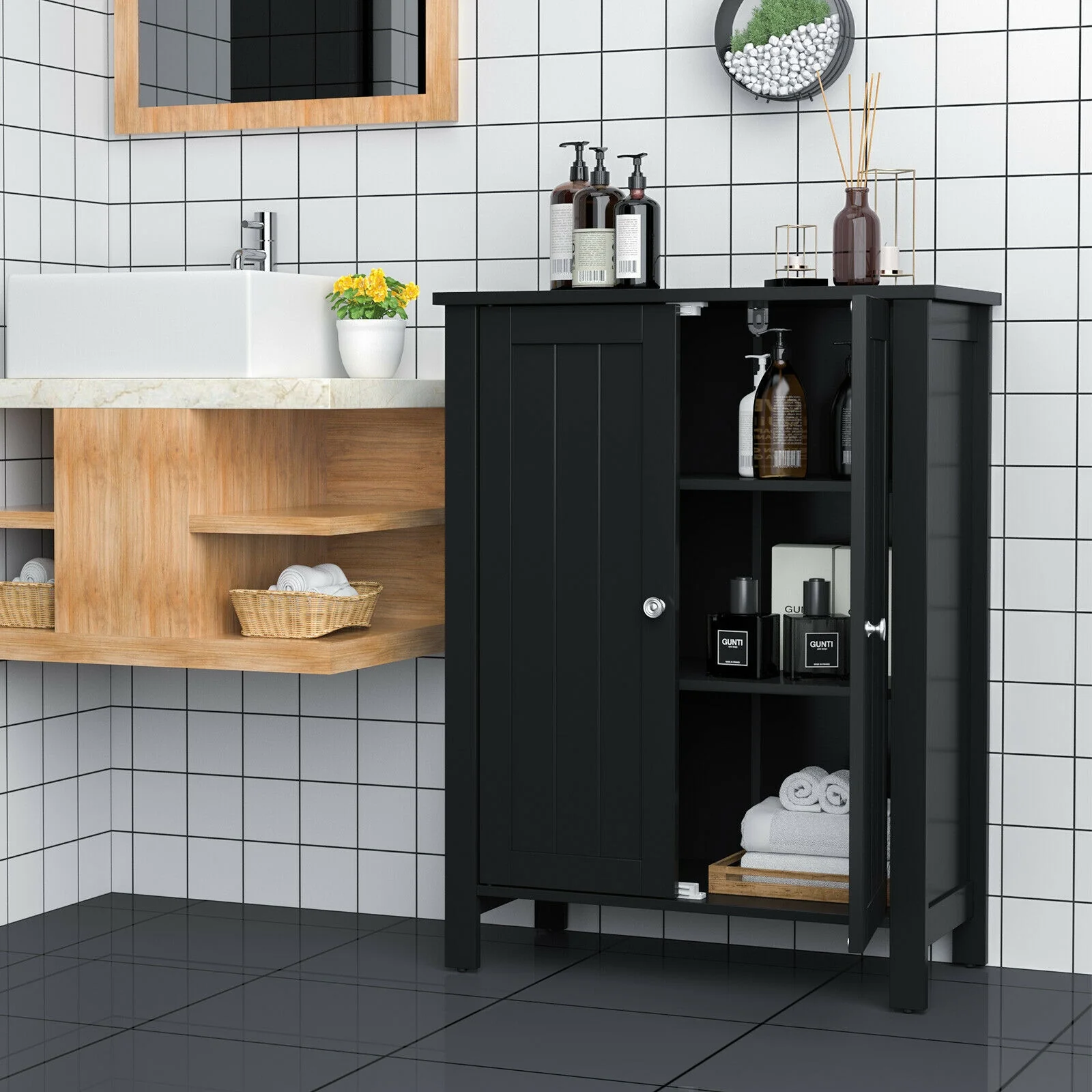 2-Door Bathroom Floor Storage Cabinet, Black - Image 2