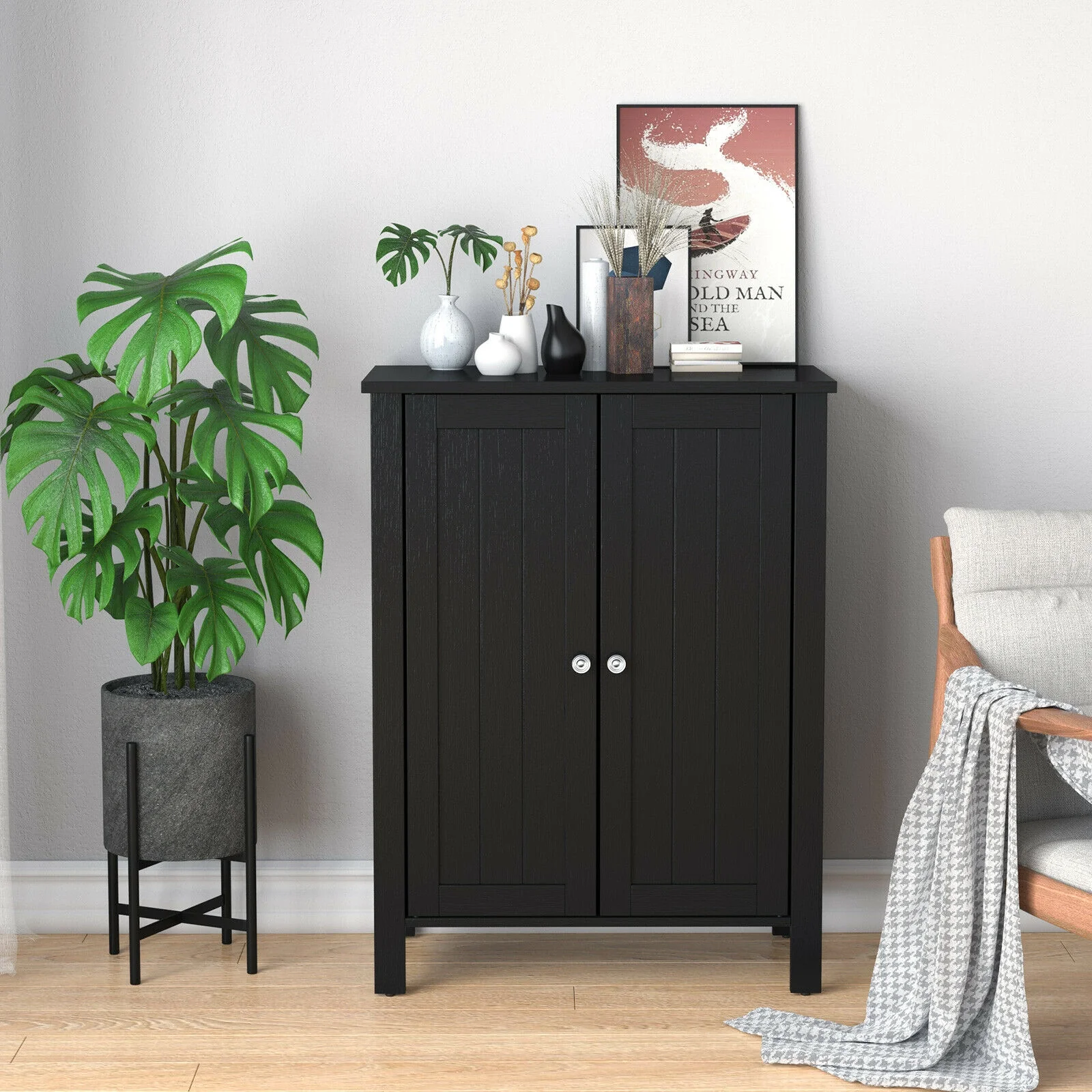 2-Door Bathroom Floor Storage Cabinet, Black - Image 3