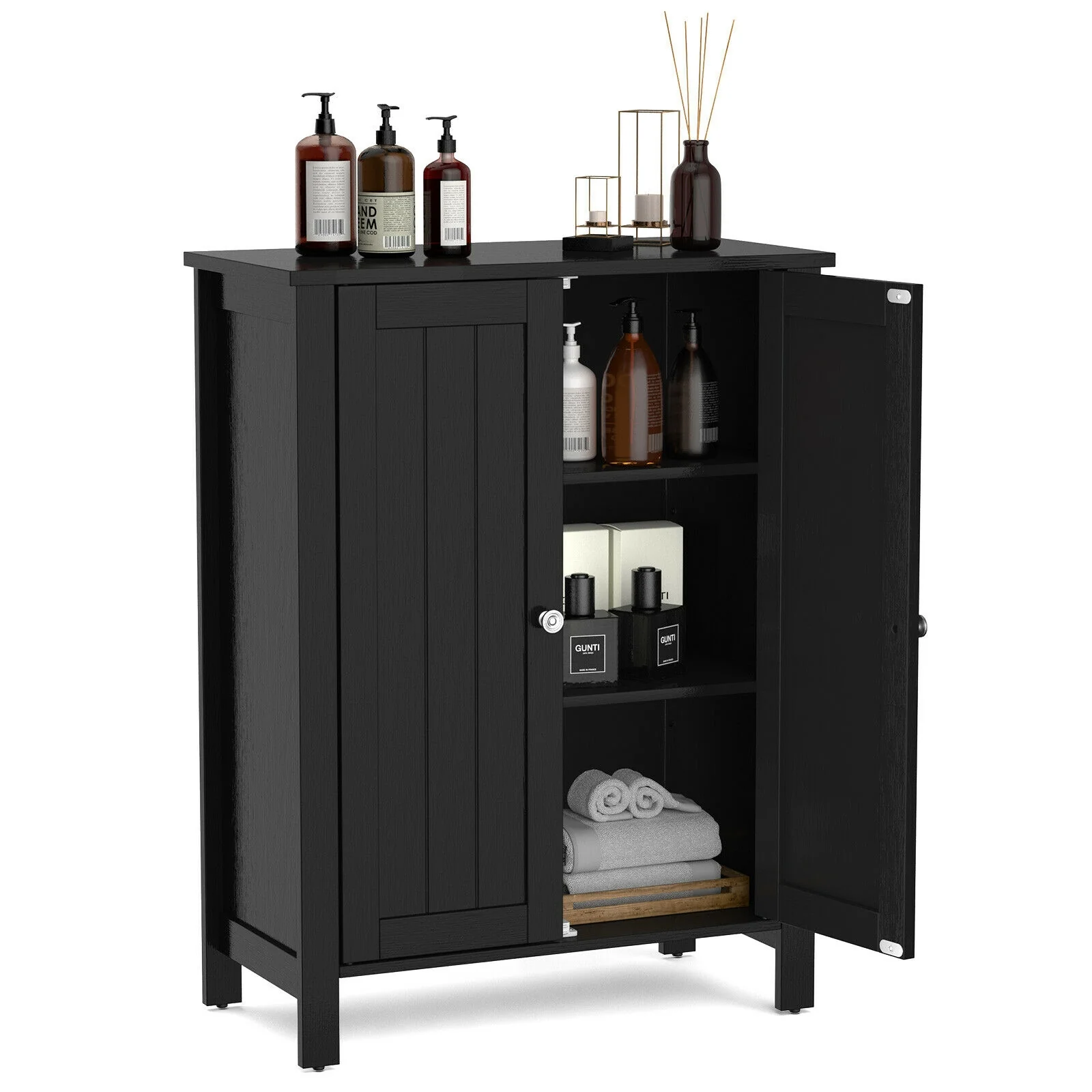2-Door Bathroom Floor Storage Cabinet, Black - Image 4