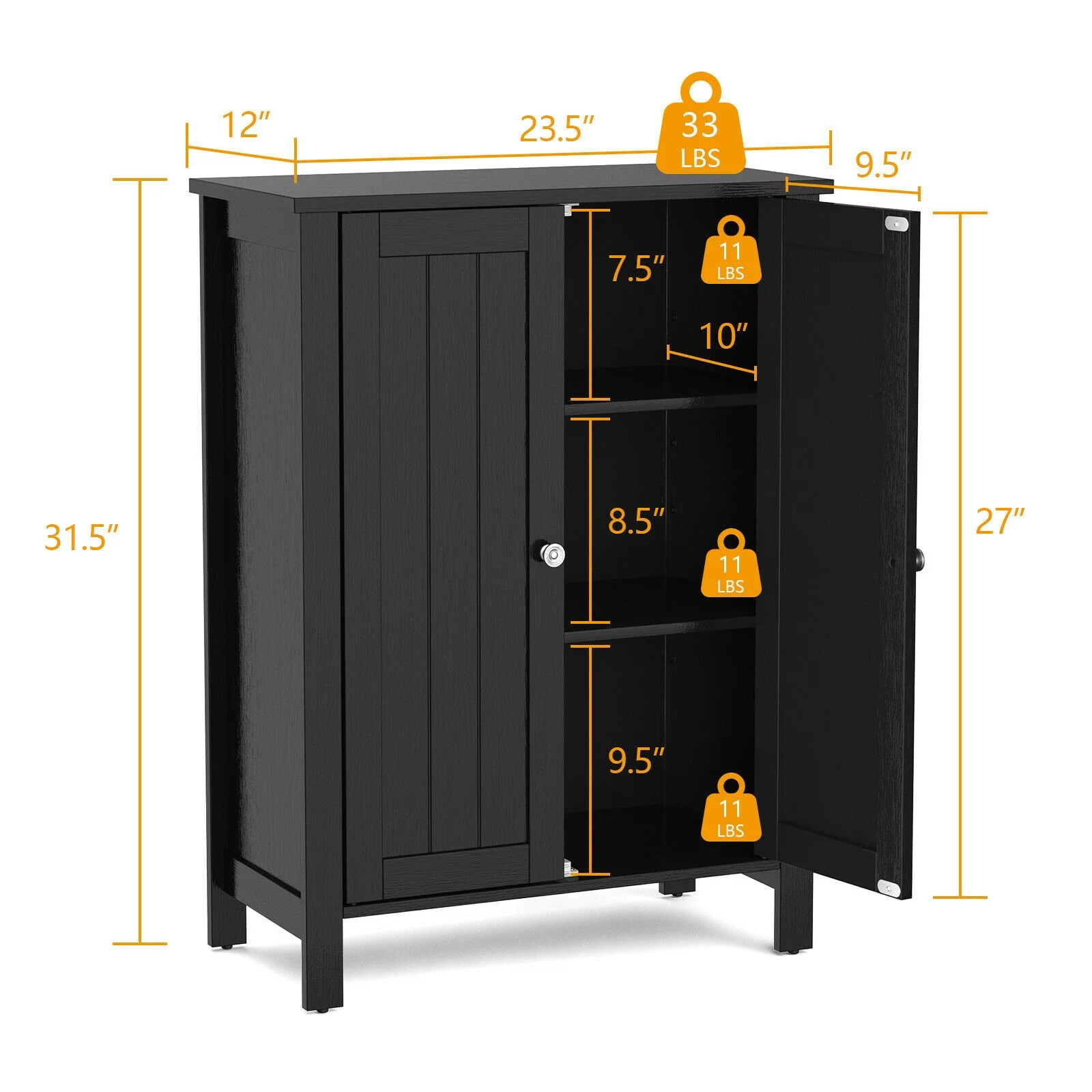 2-Door Bathroom Floor Storage Cabinet, Black - Image 5