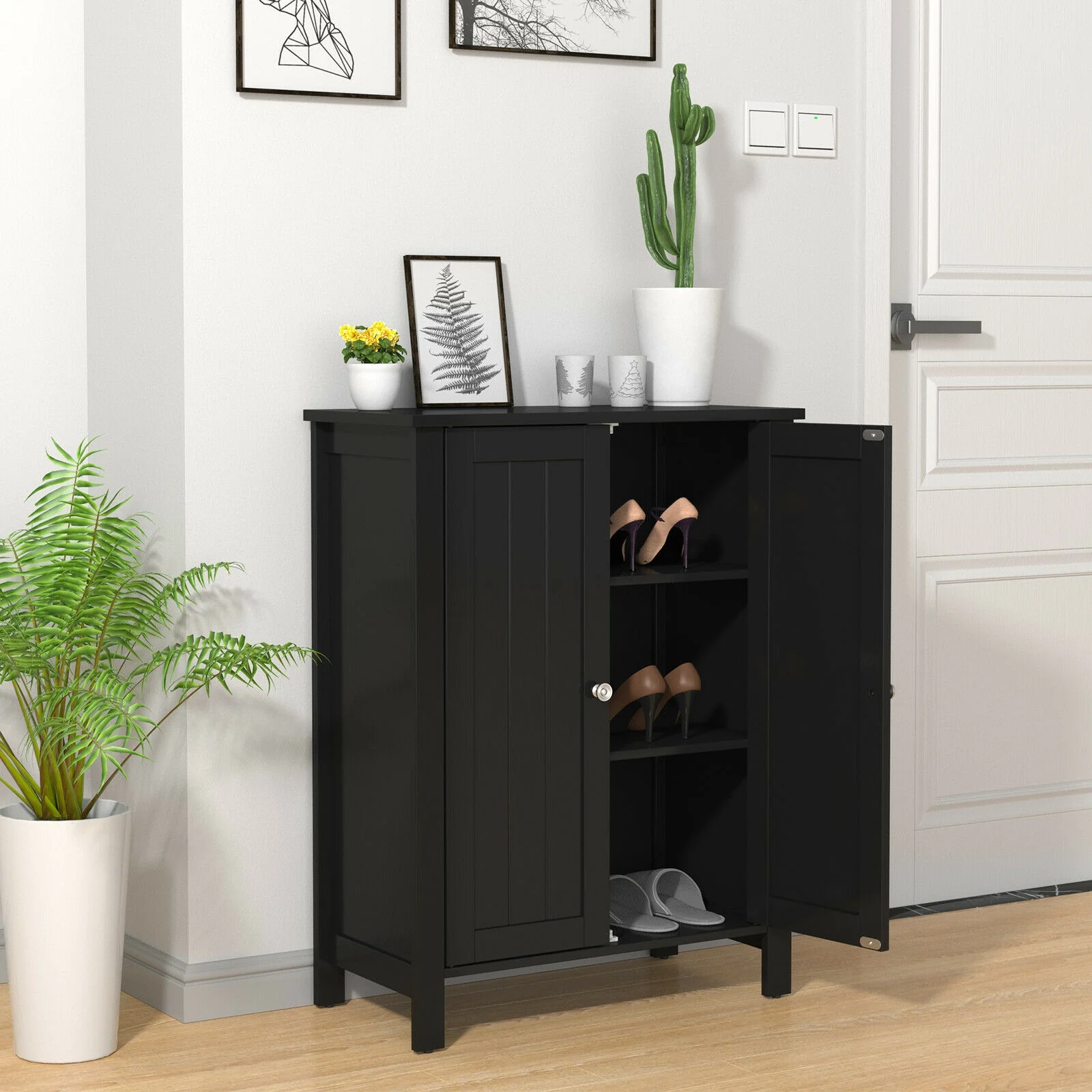 2-Door Bathroom Floor Storage Cabinet, Black - Image 6